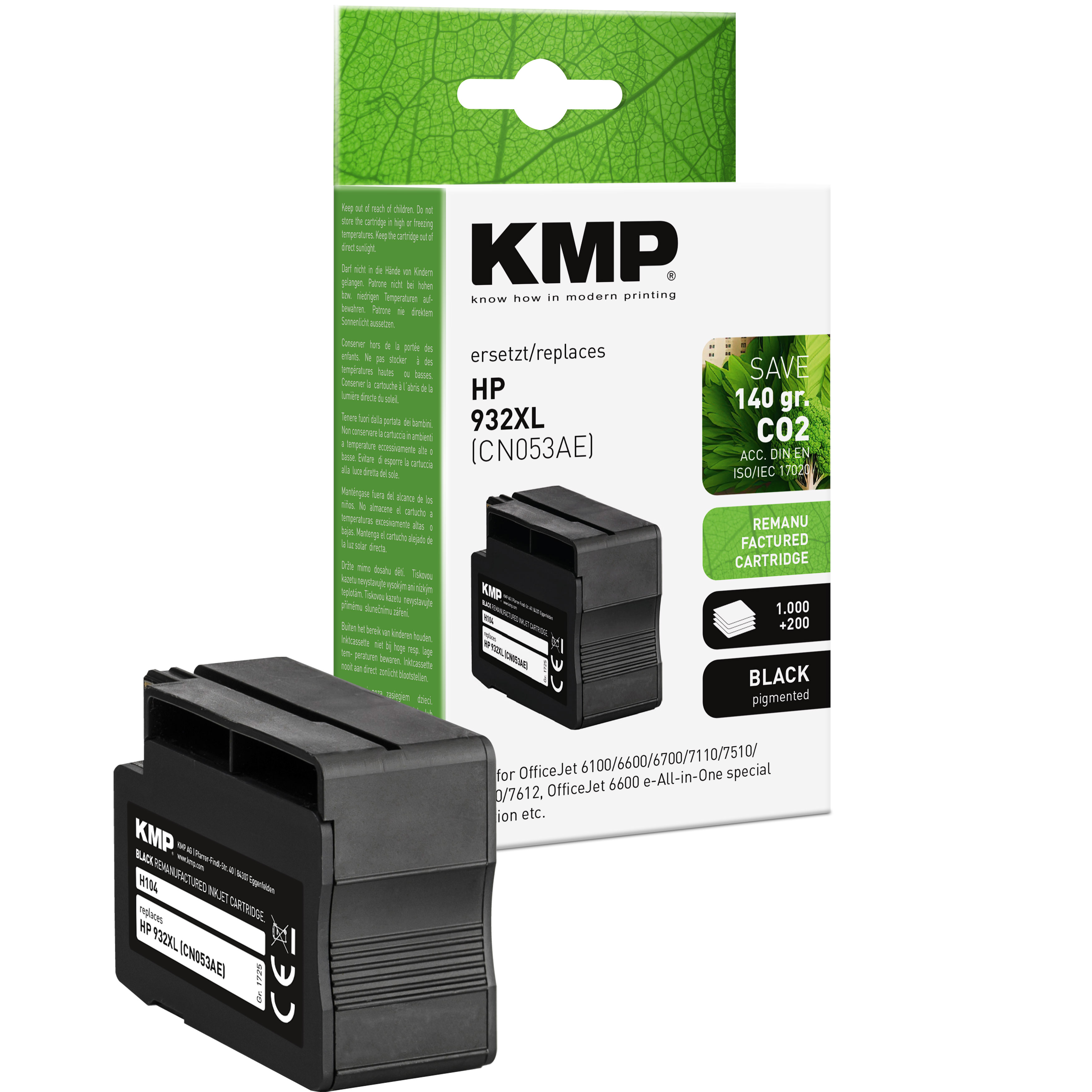 Cartuccia d'inchiostro KMP nera, HP 932XL (CN053AE), con confezione. Contiene inchiostro nero pigmentato.