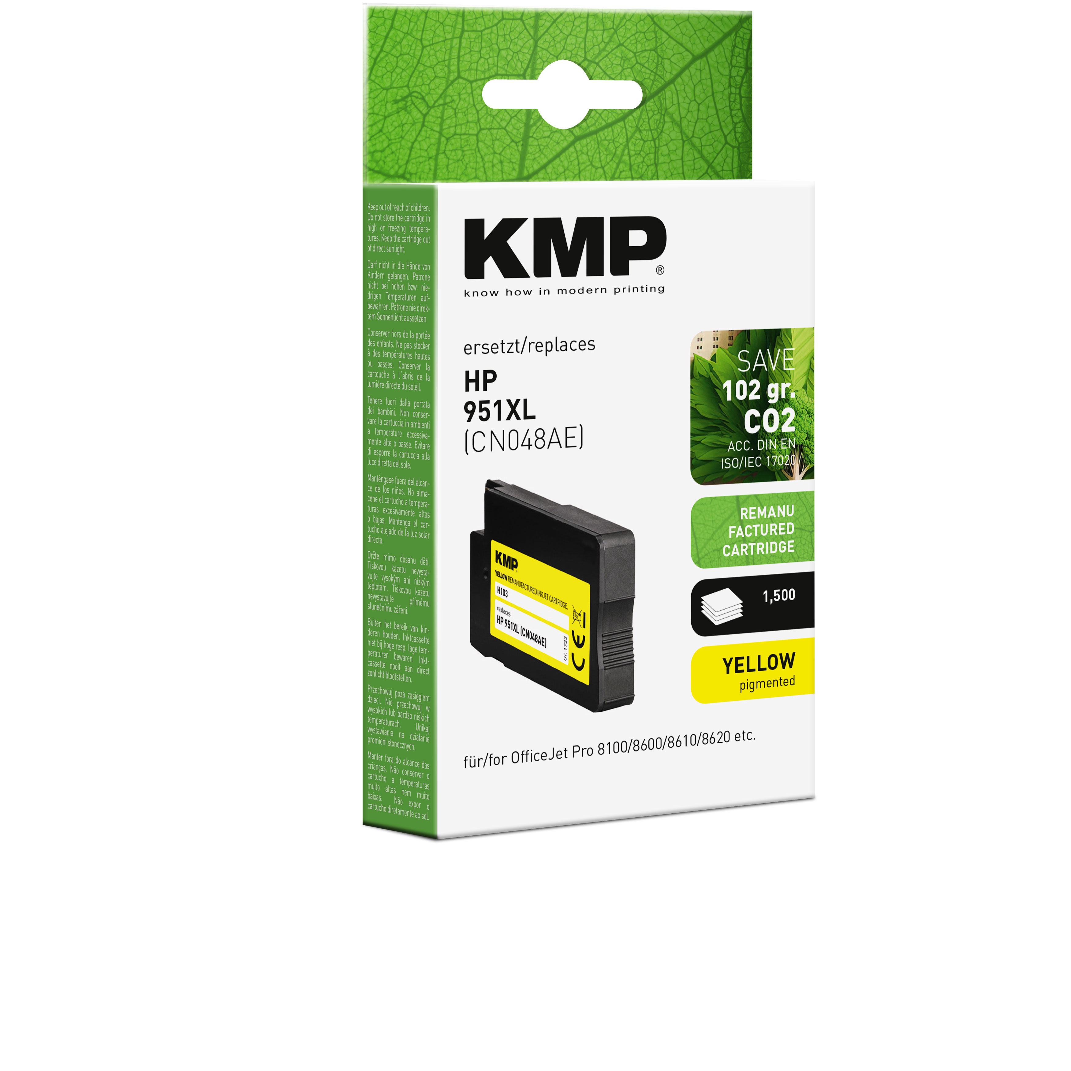 Cartuccia d'inchiostro KMP gialla, HP 951XL, con confezione. Contiene inchiostro giallo pigmentato.