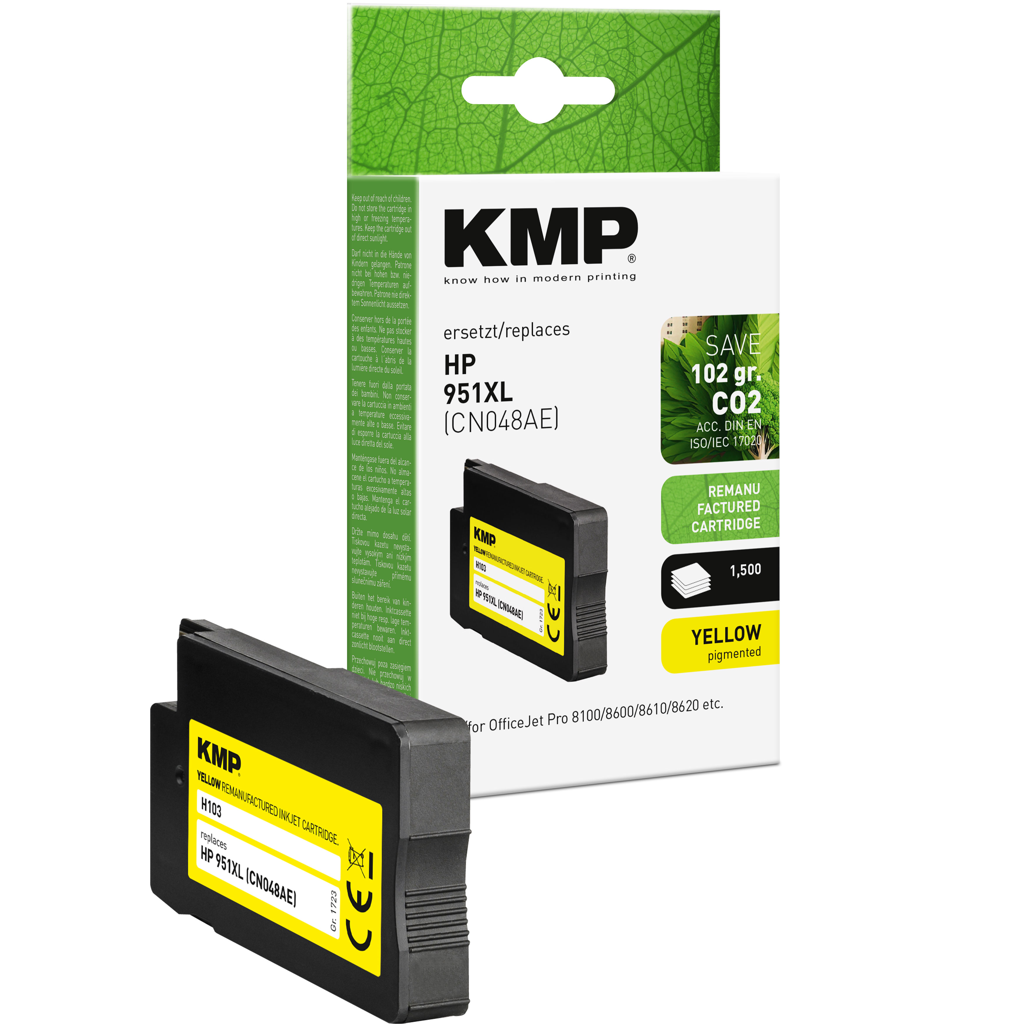 Cartuccia d'inchiostro KMP HP 951XL giallo davanti alla scatola.