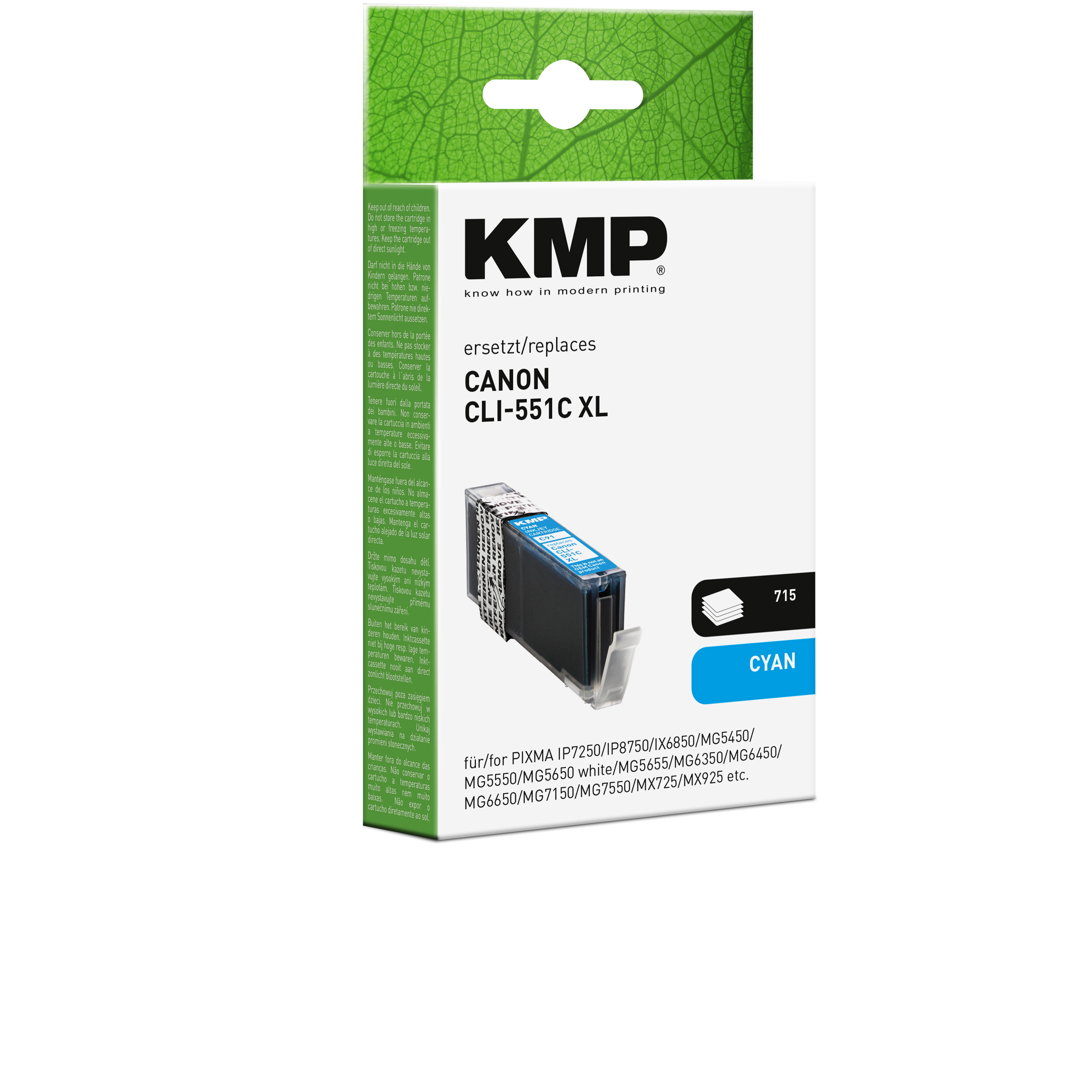 Cartuccia d'inchiostro KMP ciano, Canon CLI-551C XL, con confezione. Contiene inchiostro ciano.