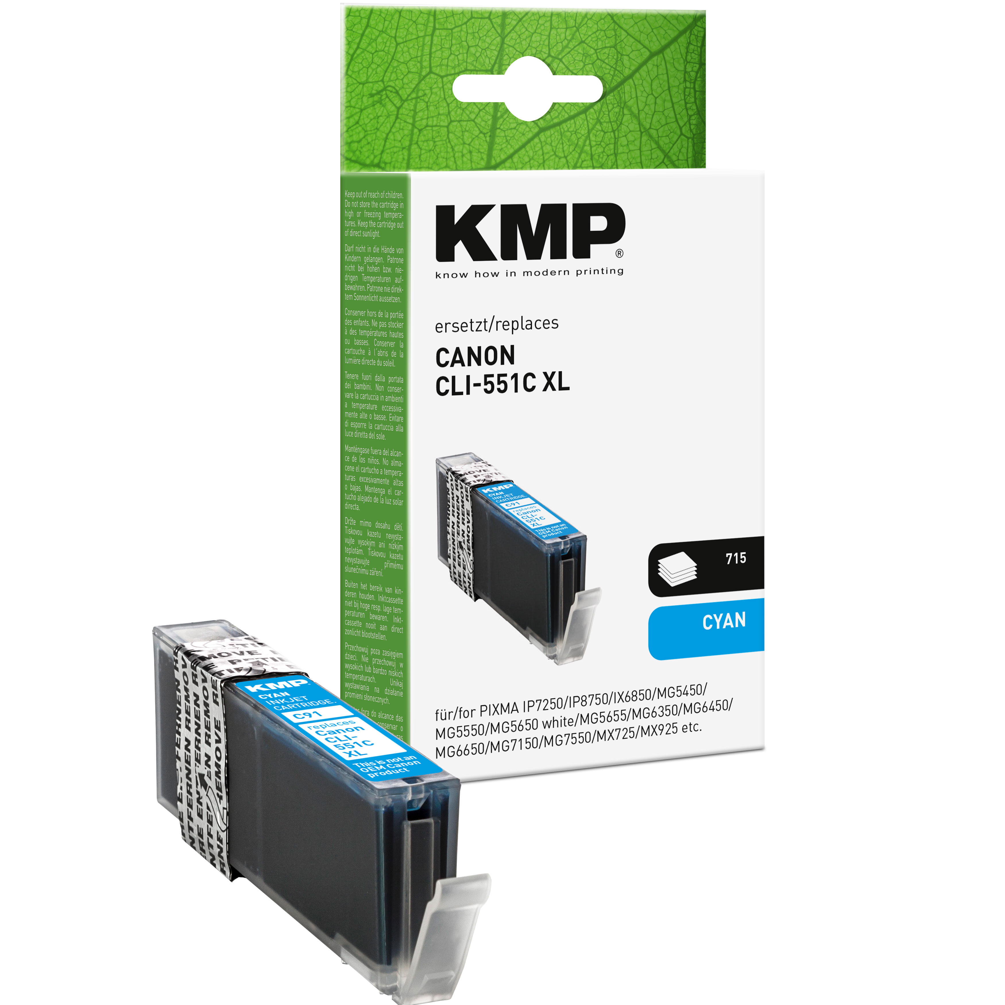 Cartuccia d'inchiostro KMP Canon CLI-551C XL ciano davanti alla sua scatola.