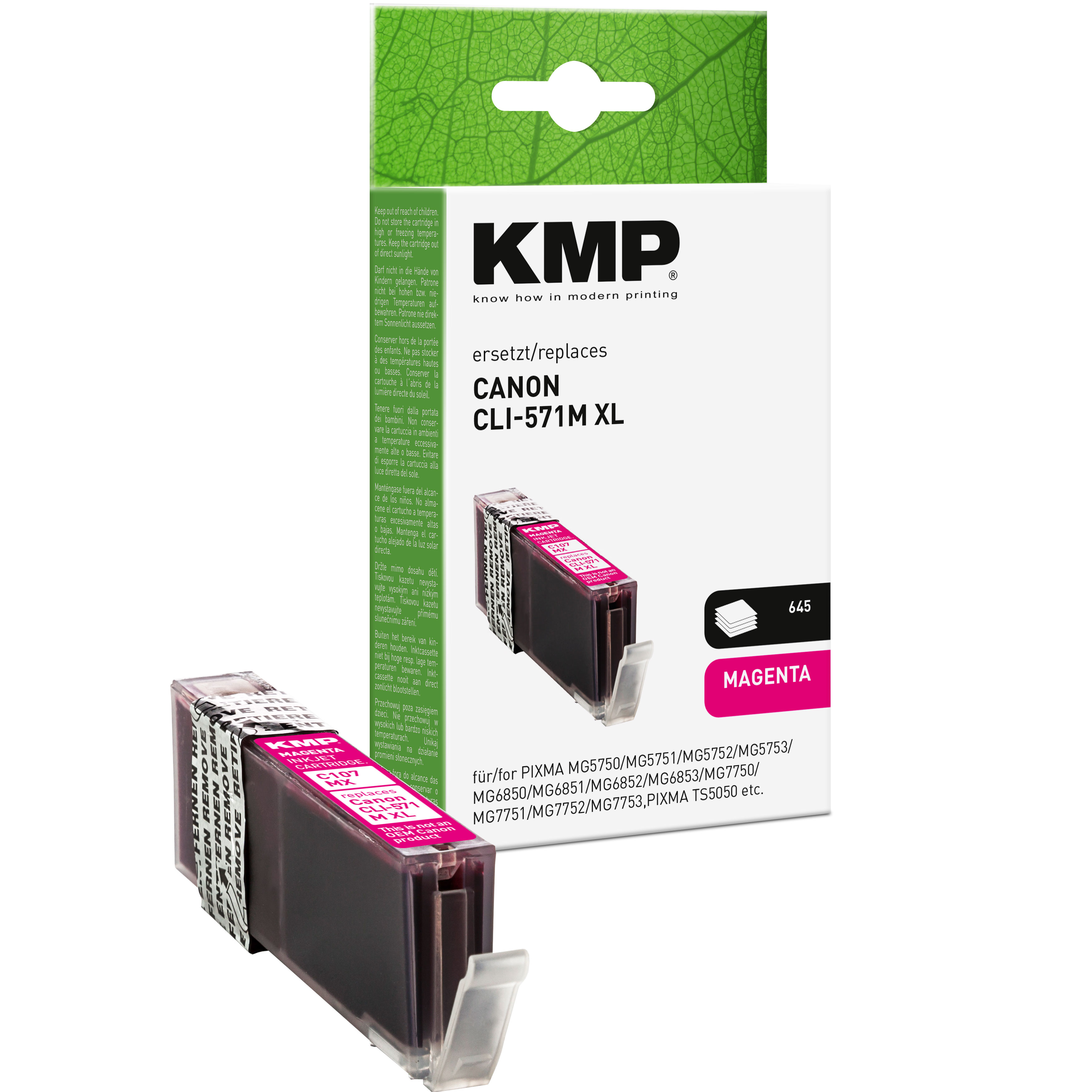 KMP Canon CLI-571M XL magenta Tintenpatrone vor der Verpackung.