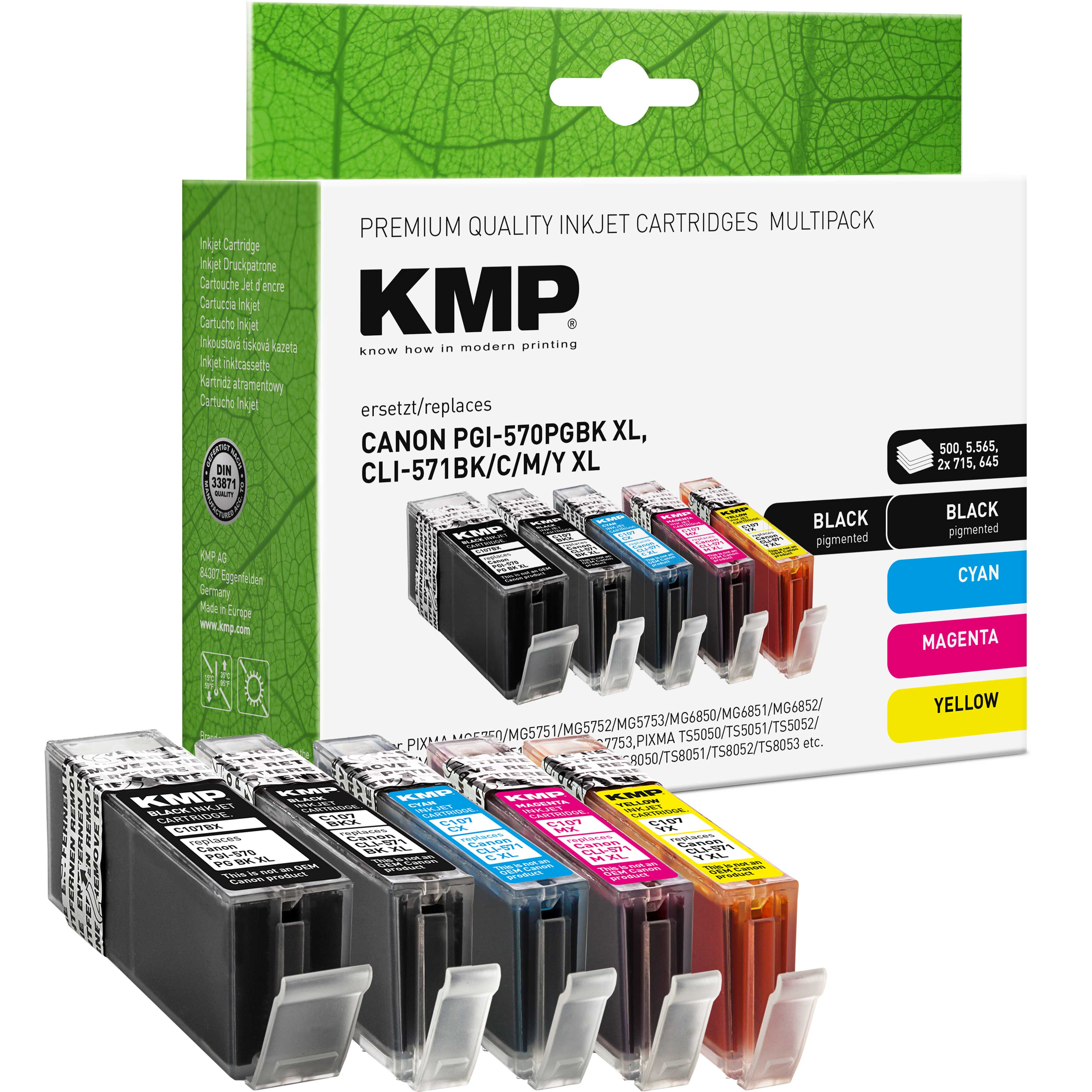 Cartucce d'inchiostro multipack KMP con inchiostro nero, ciano, magenta e giallo, Canon PGI-570 PGBK XL.