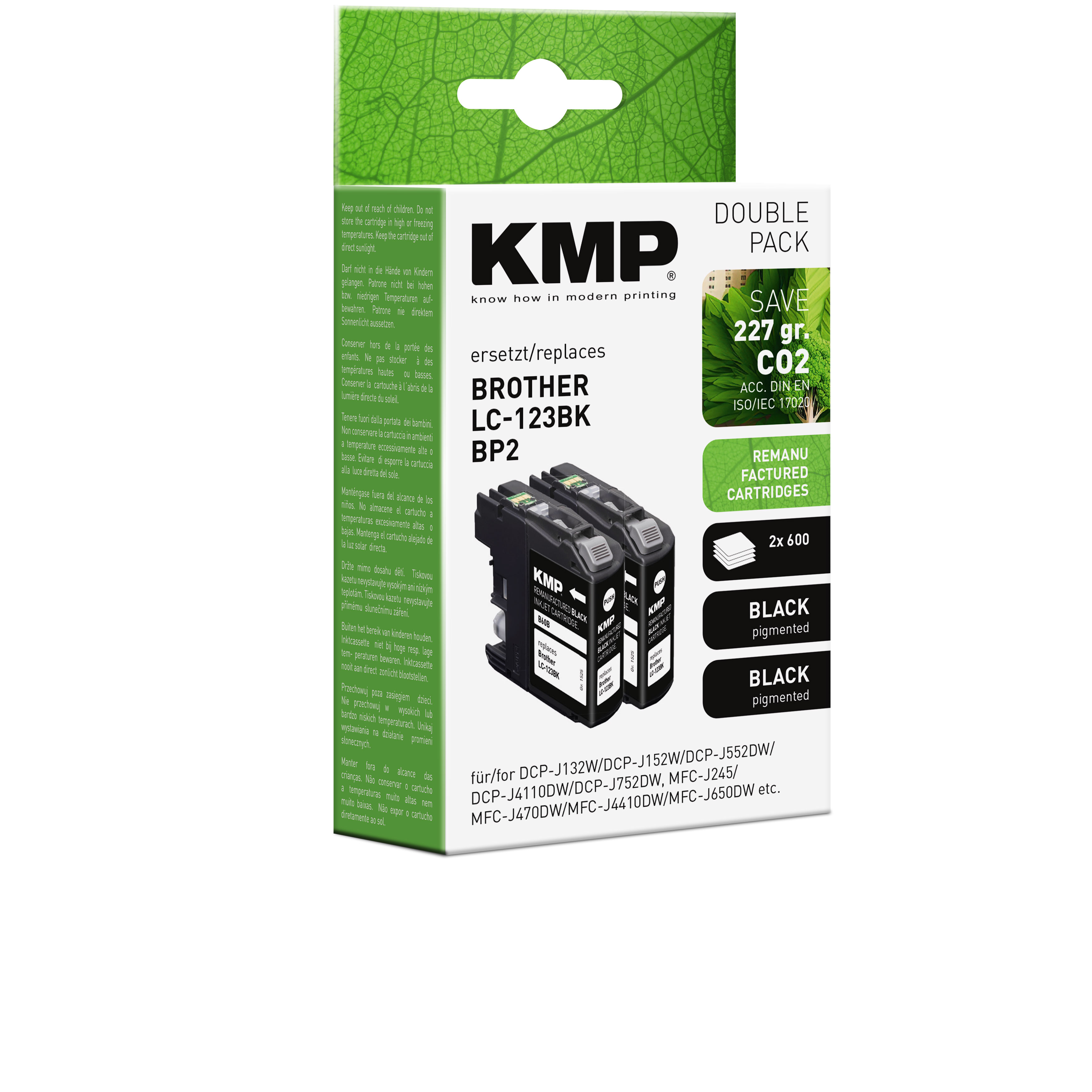 KMP Doppelpack schwarze Tintenpatronen, ersetzt Brother LC-123BK. Zwei schwarze Patronen und Box.