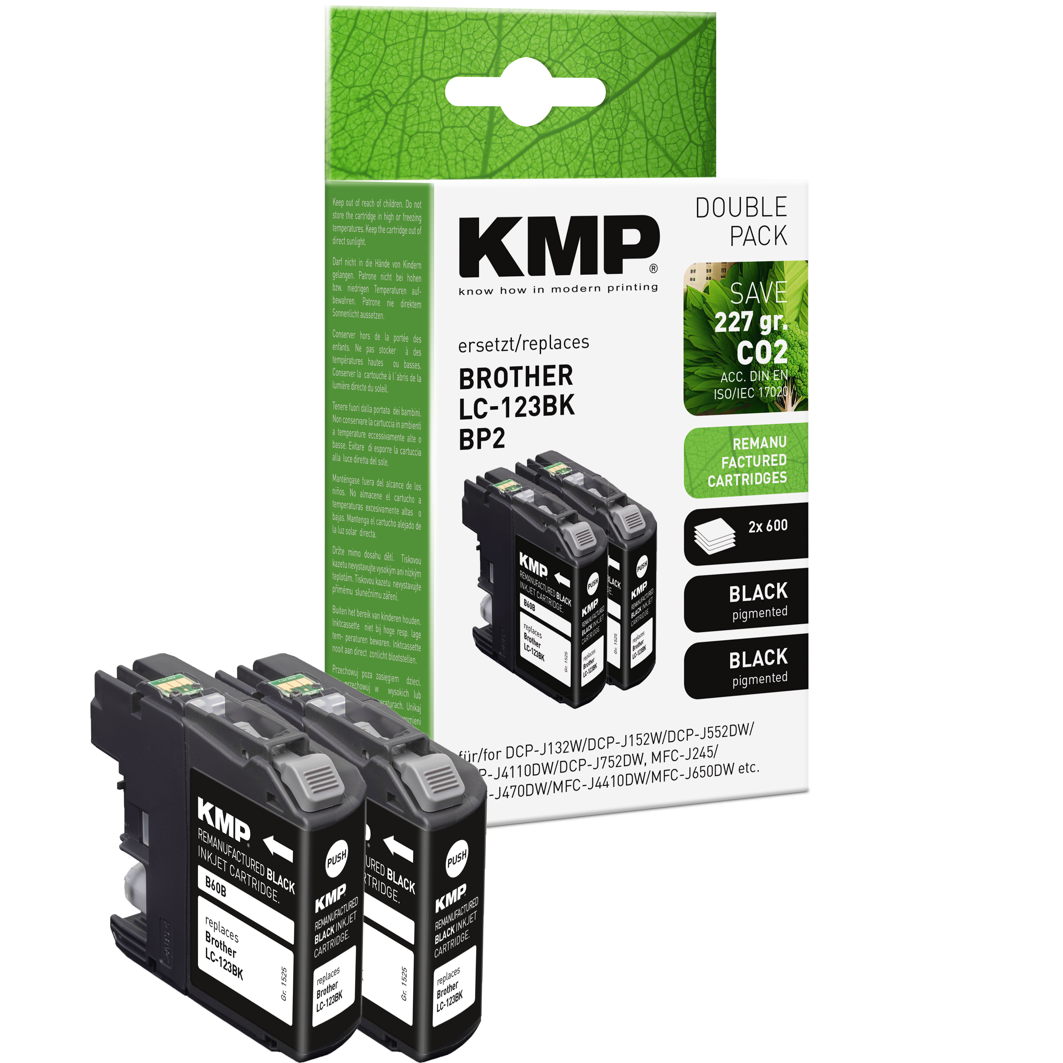Schwarze KMP Tintenpatronen, Brother LC-123BK, Doppelpack, mit Verpackung, für schwarze Pigmenttinte.