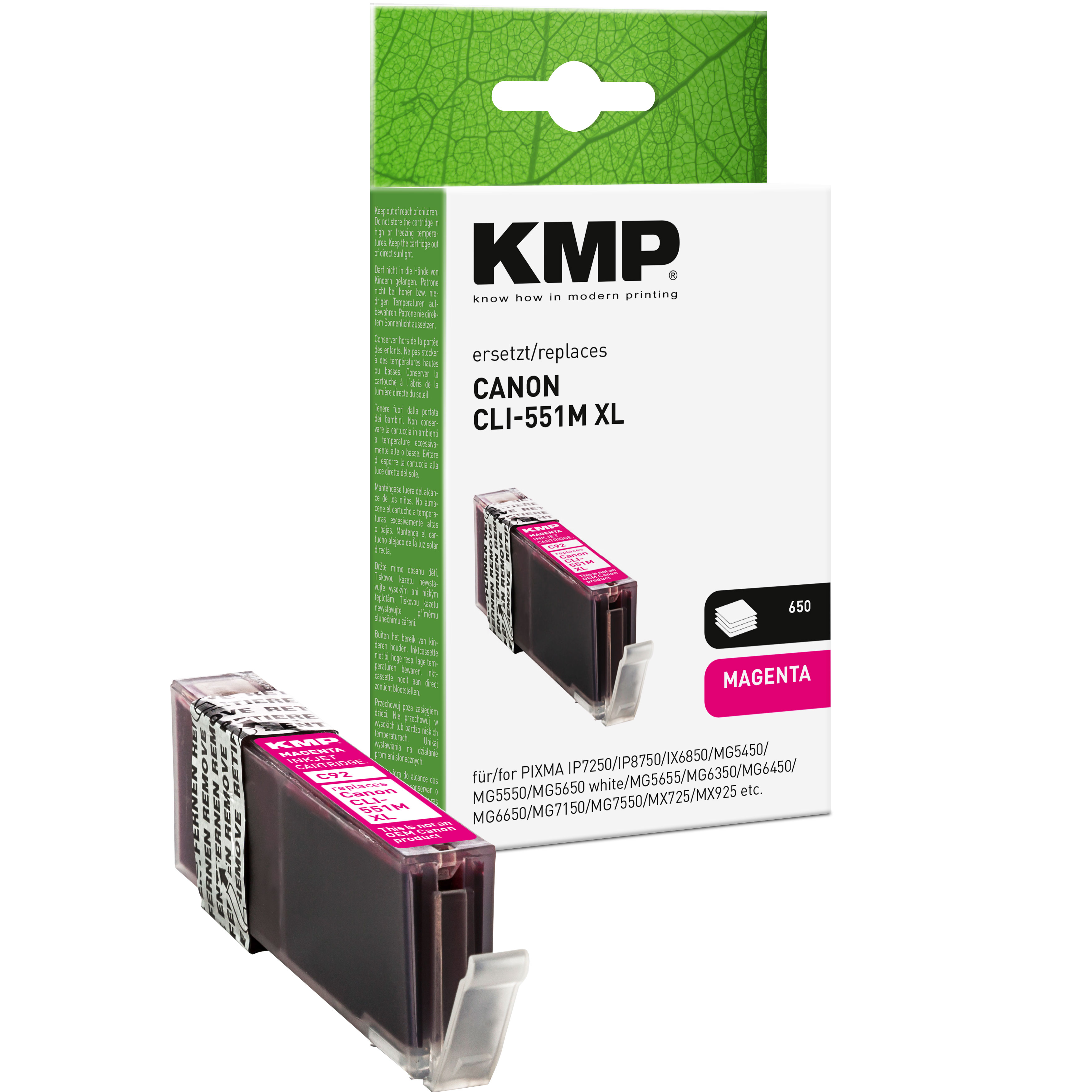 KMP magenta Tintenpatrone, ersetzt Canon CLI-551M XL. Packung und Patrone sichtbar.