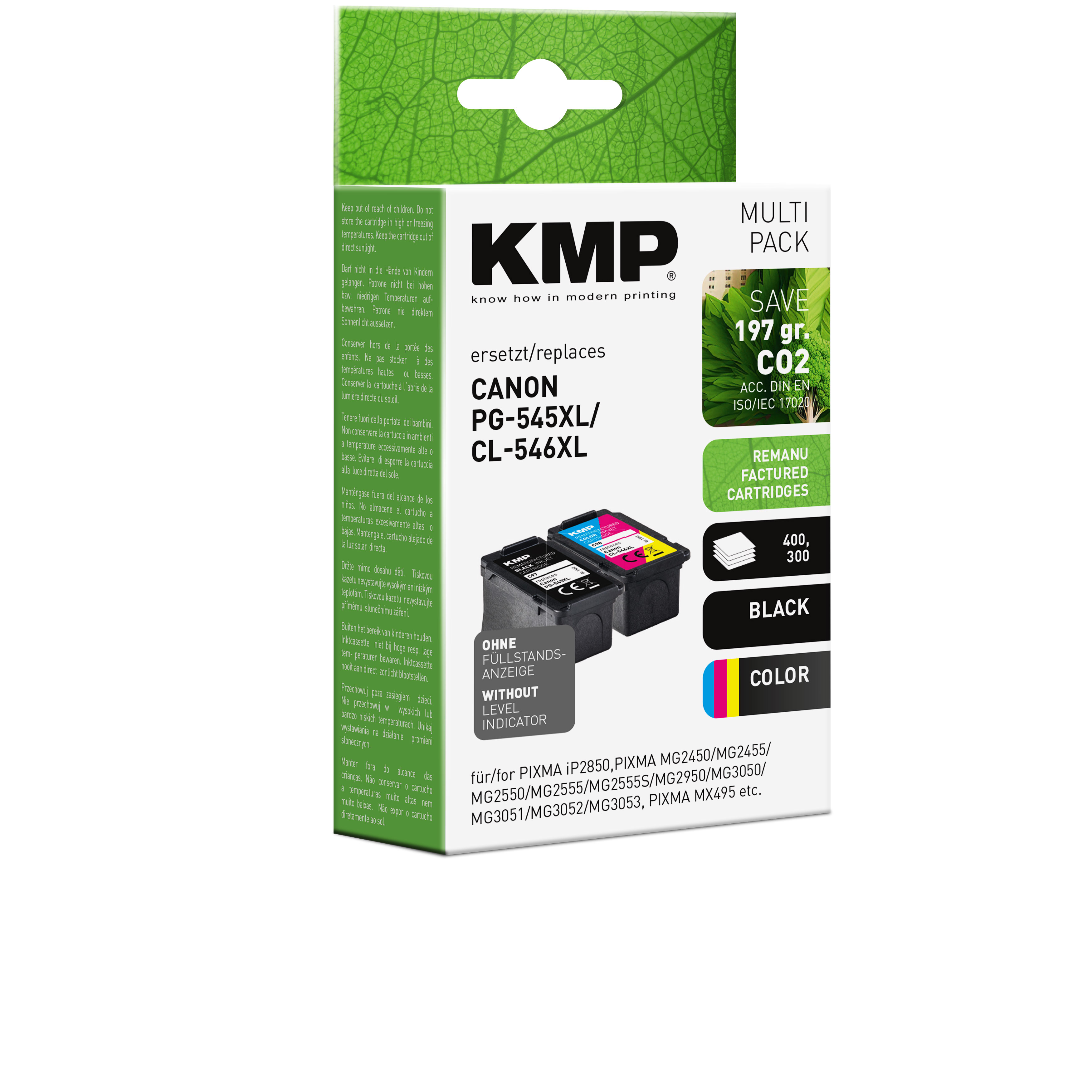 Cartucce d'inchiostro in una scatola KMP, in sostituzione di Canon PG-545XL/CL-546XL. Contiene cartucce nere, ciano e magenta.