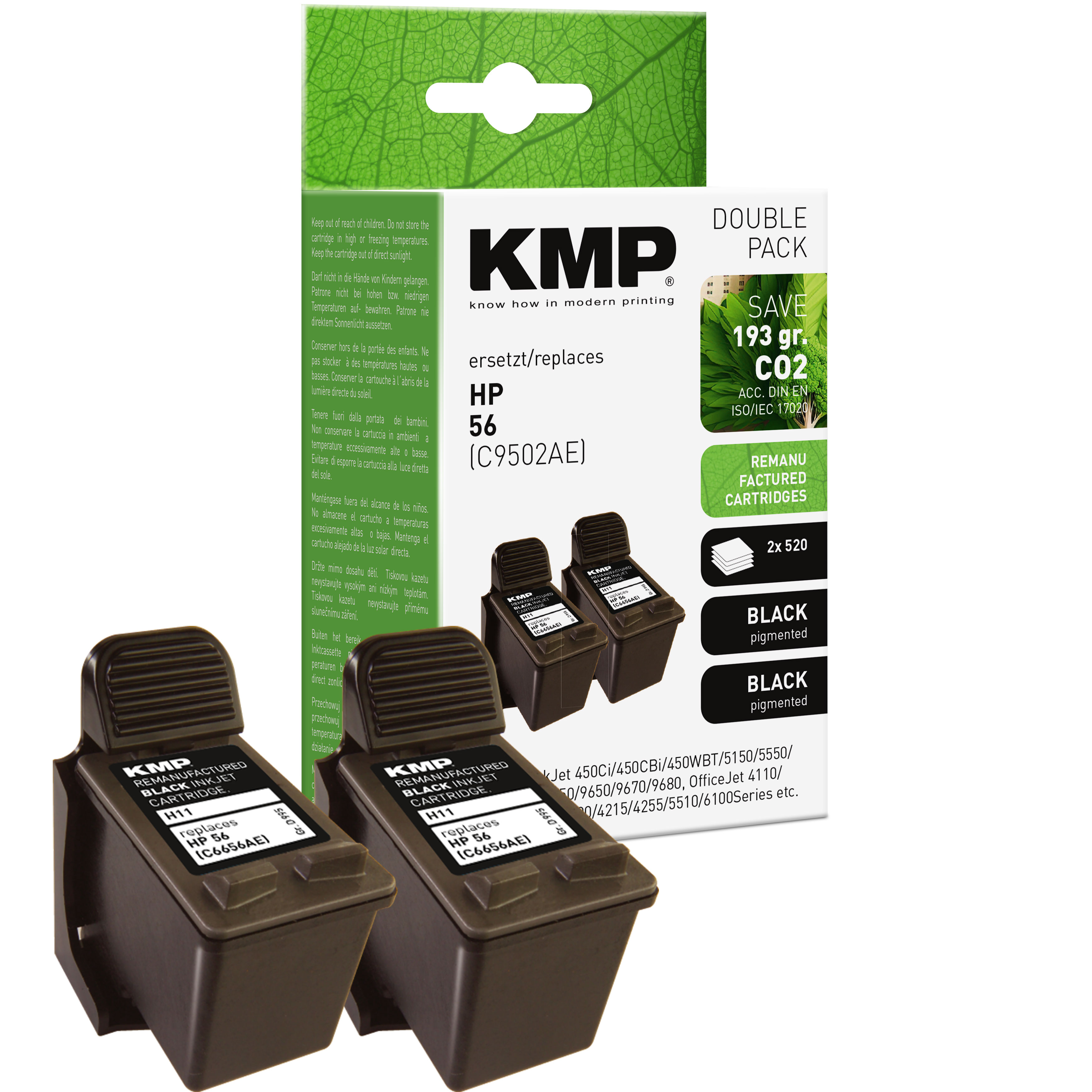 Due cartucce d'inchiostro nero, marca KMP, in sostituzione di HP 56, in una scatola. La scatola contiene due cartucce.