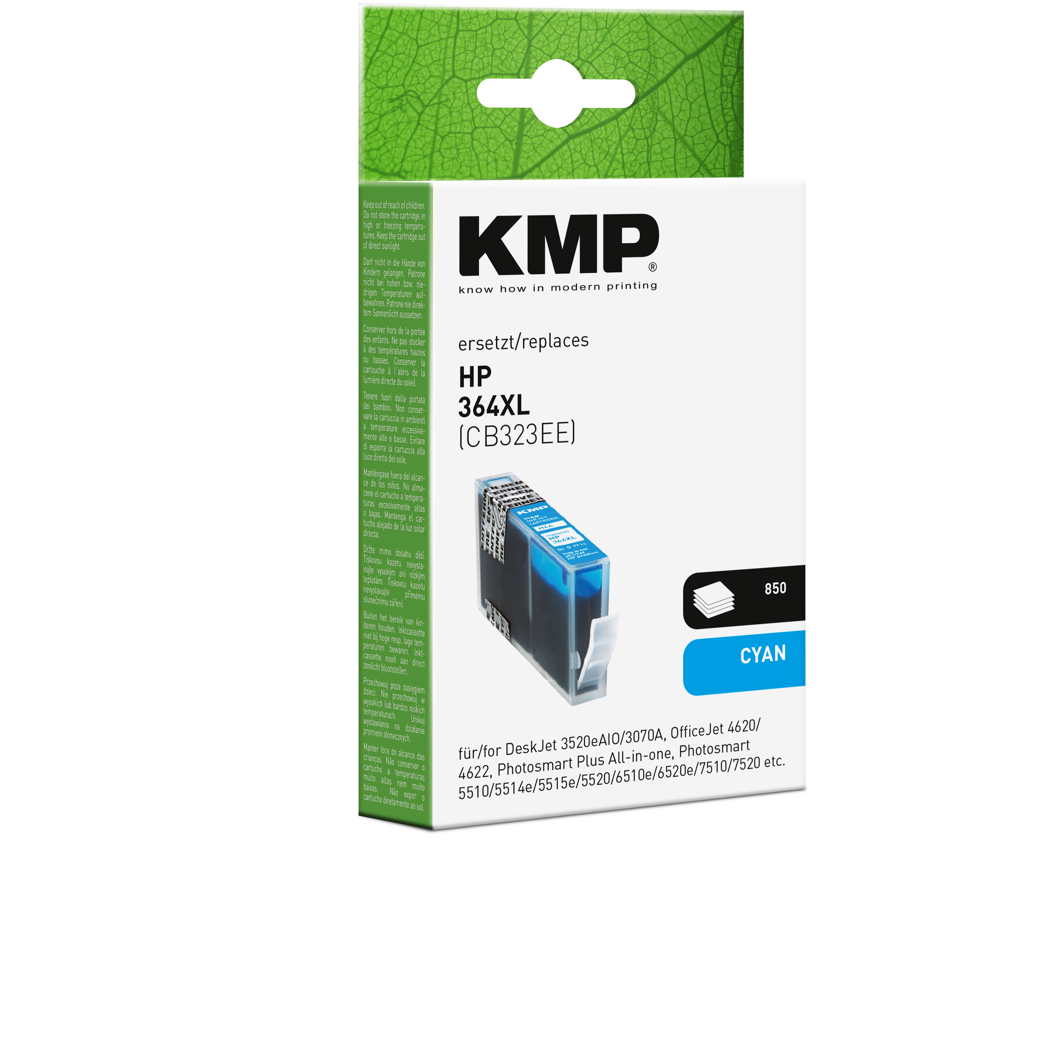 Una cartuccia d'inchiostro ciano, marca KMP, in sostituzione di HP 364XL, in una confezione bianca e verde. Etichetta 850.