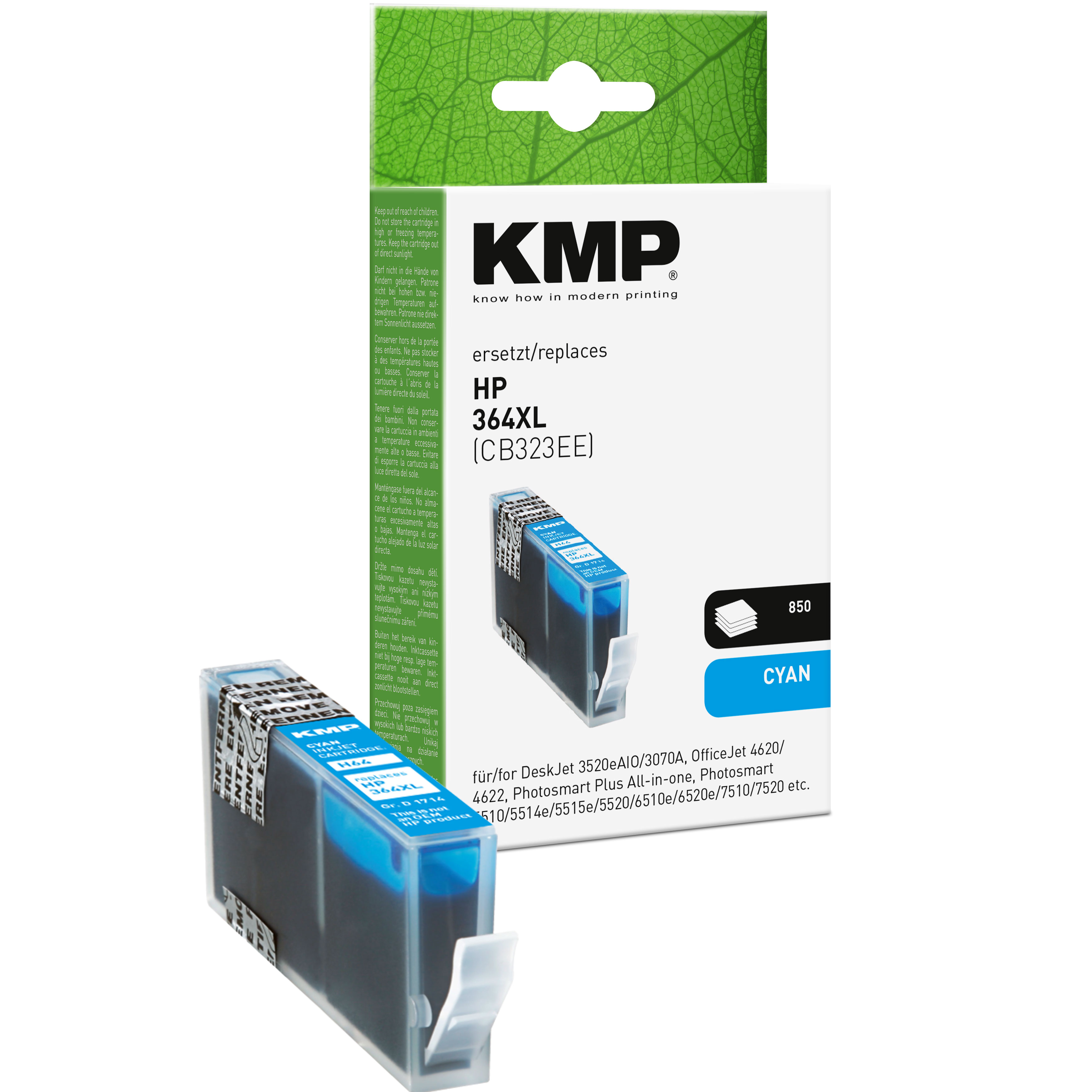 Una cartuccia d'inchiostro ciano, marca KMP, in sostituzione di HP 364XL, in una confezione bianca e verde. Colore ciano mostrato.