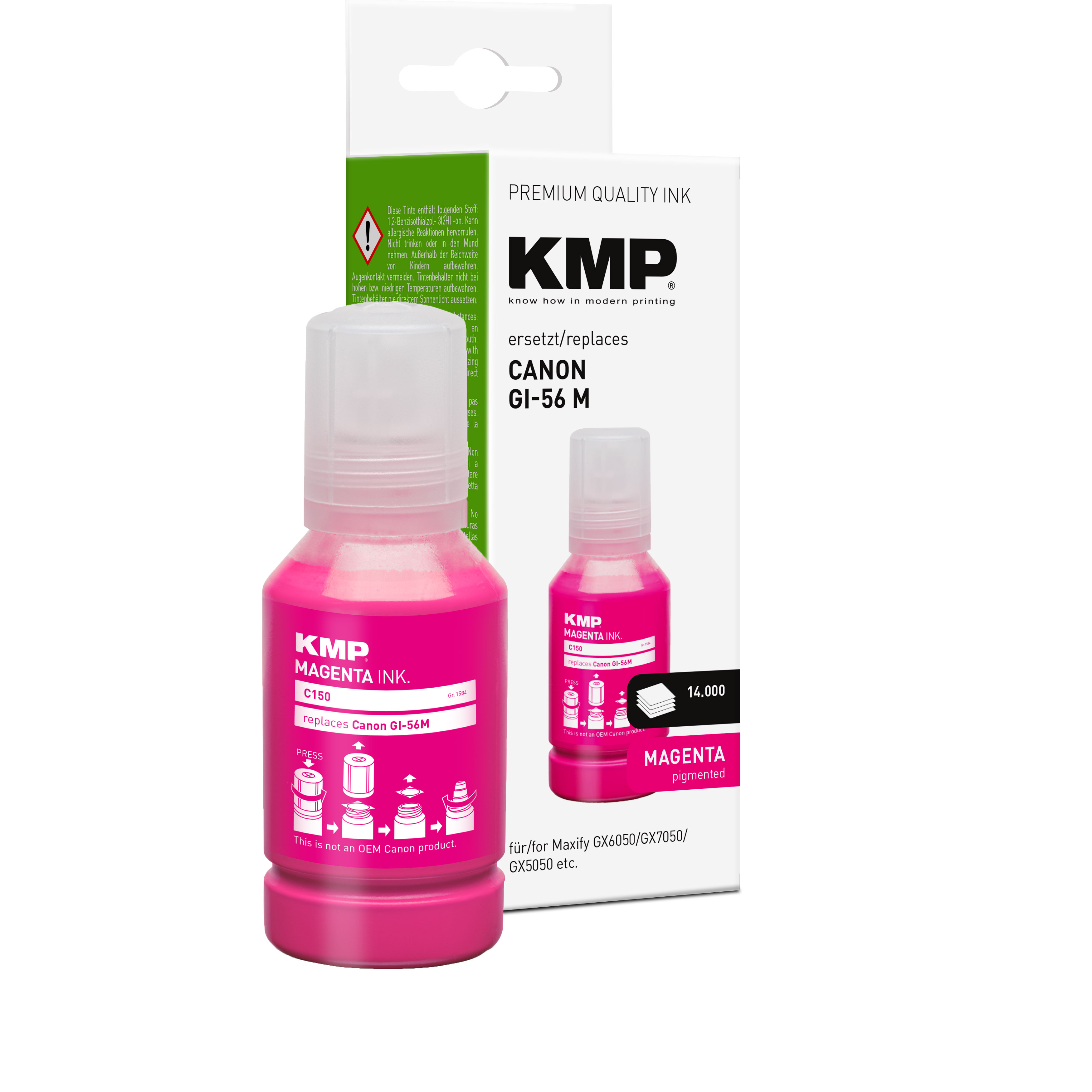 Eine magenta Tintenflasche, Marke KMP, ersetzt Canon GI-56M. Die Verpackung enthält Markennamen und Produktdetails.