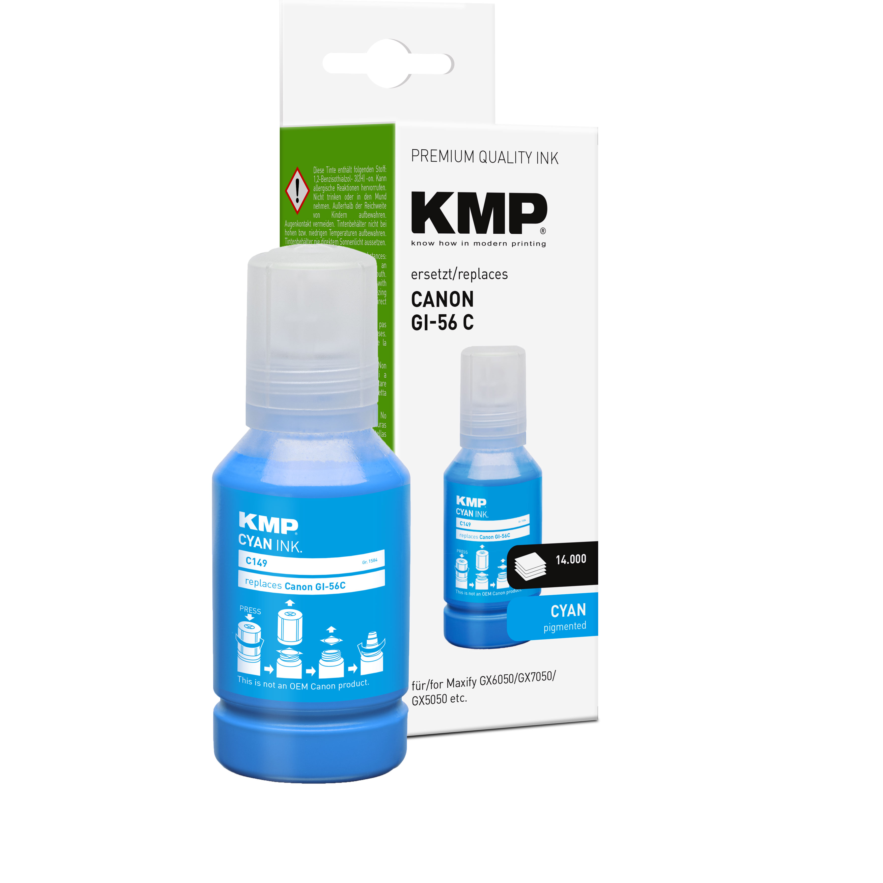 Eine blaue Tintenflasche und eine Box. Die Flasche ist mit "KMP CYAN INK" beschriftet. Auf der Box steht "CANON GI-56 C".