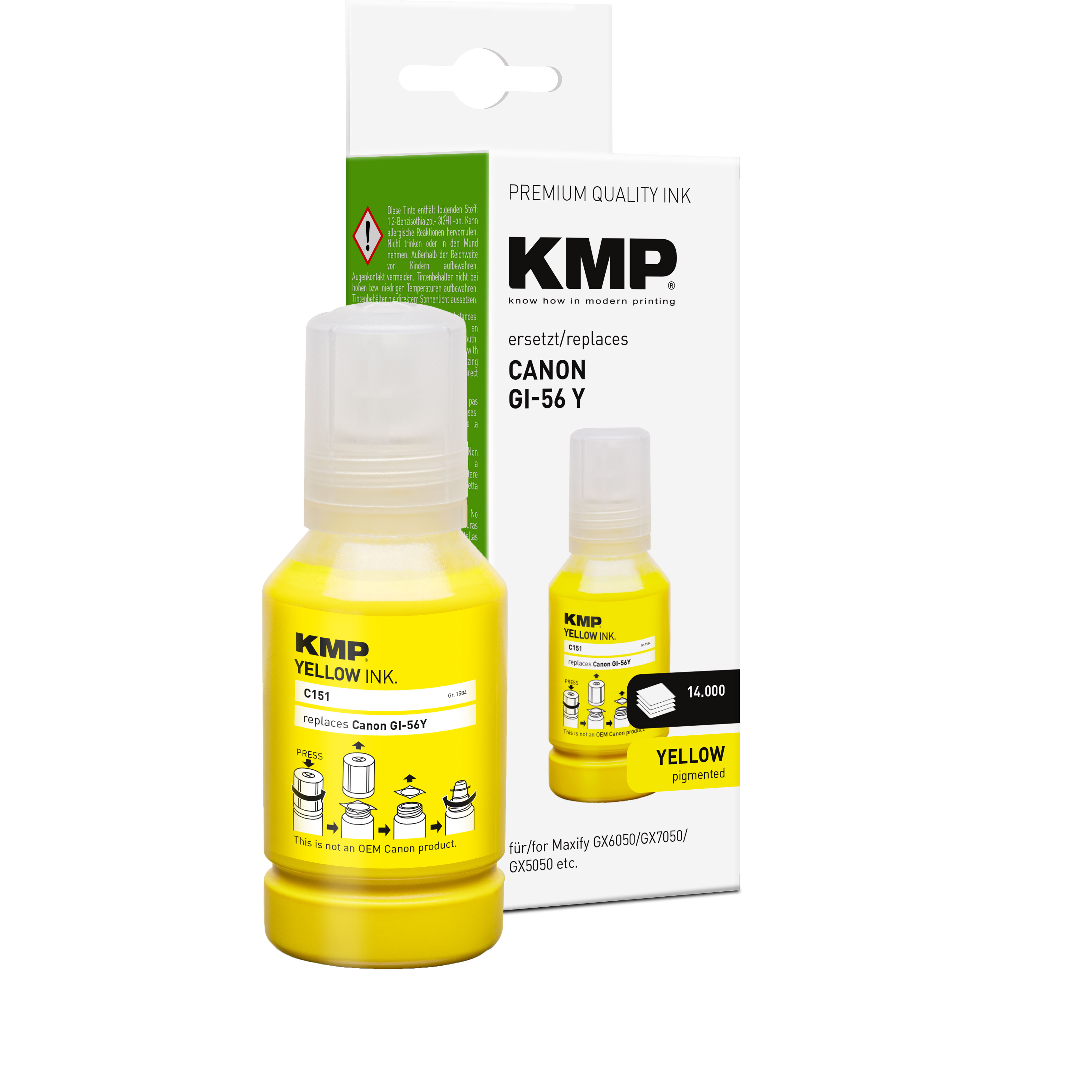 Eine gelbe Tintenflasche und eine Box. Die Flasche ist mit "KMP YELLOW INK" beschriftet. Auf der Box steht "CANON GI-56 Y".