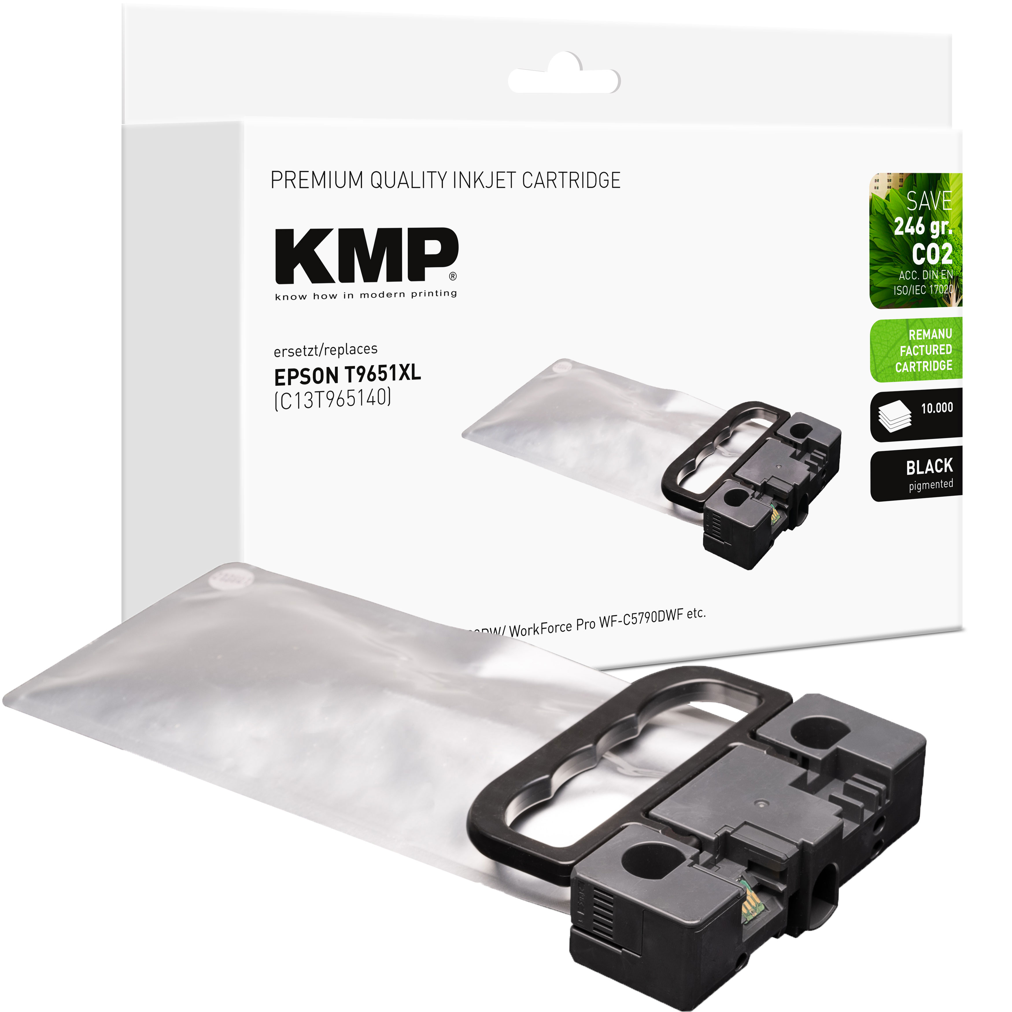 Czarny wkład atramentowy przed pudełkiem. Na pudełku napis "EPSON T9651XL" i widać czarny wkład atramentowy.