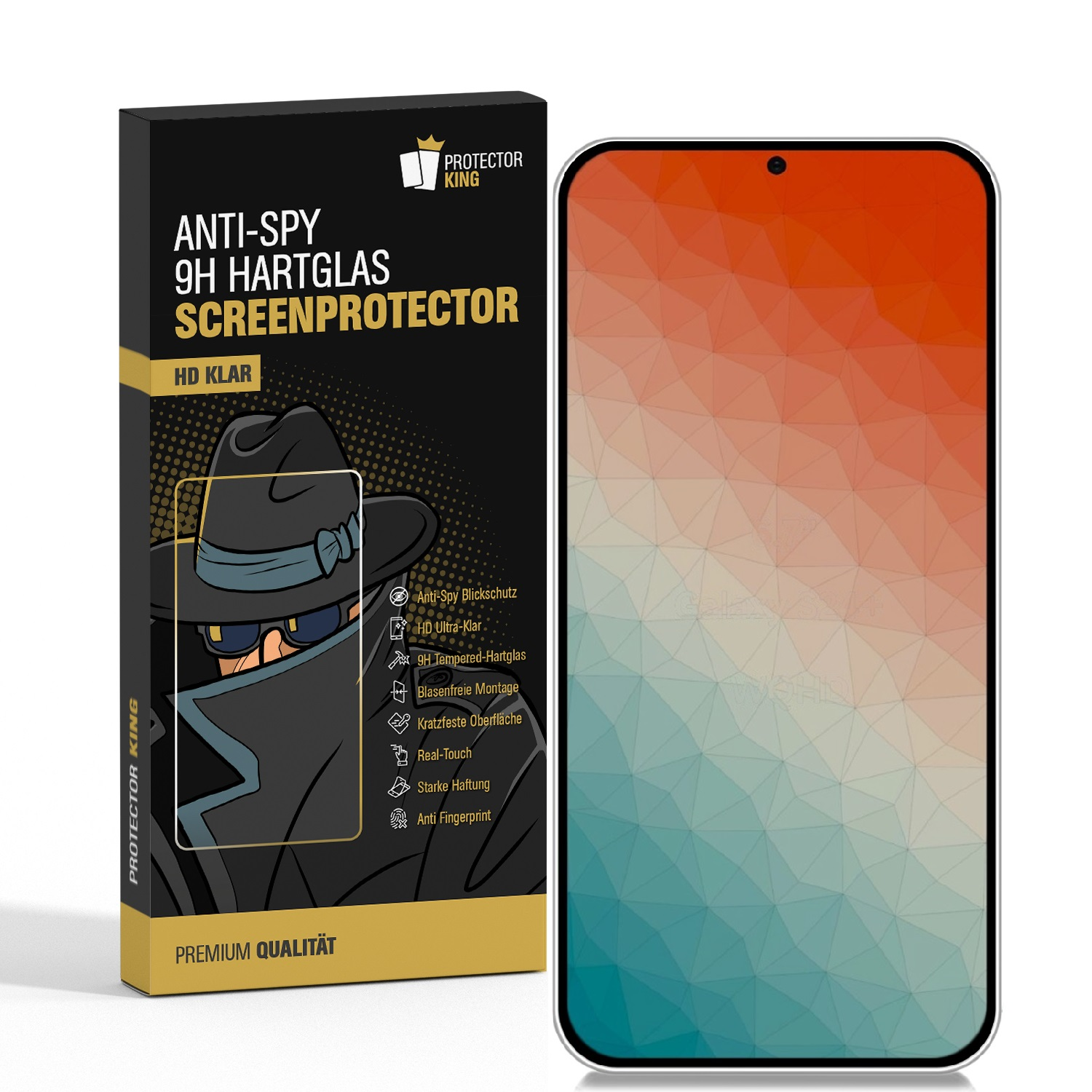 Eine Handy-Displayschutzfolien-Box mit einem Telefon, das einen Farbverlaufshintergrund zeigt. Text listet Funktionen wie Anti-Spy und HD-Klarheit auf.