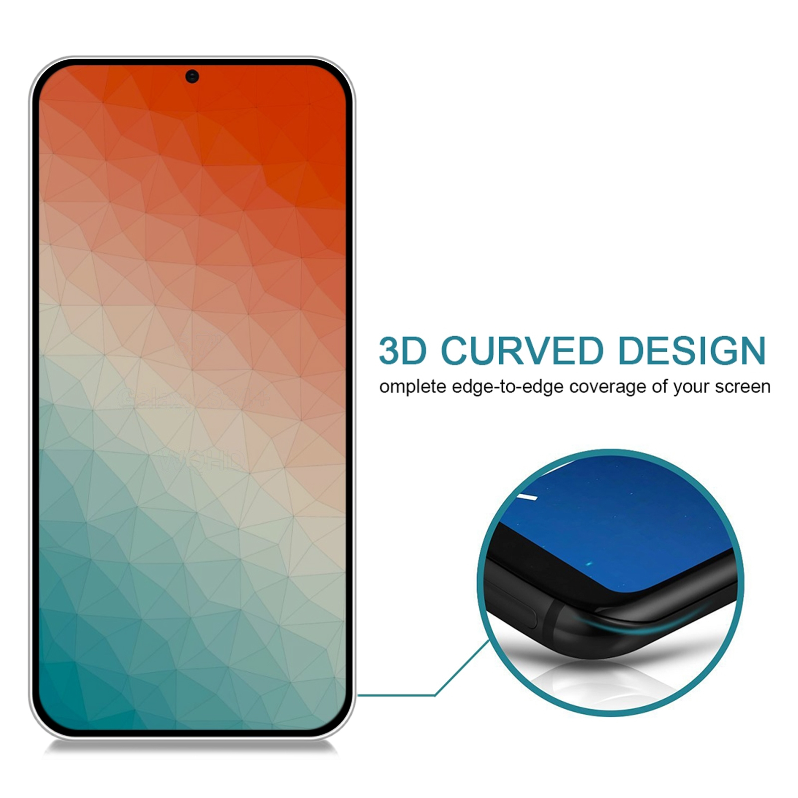 Ein Telefon mit Farbverlaufshintergrund wird gezeigt. Text beschreibt ein 3D-Kurvendesign und eine vollständige Abdeckung.