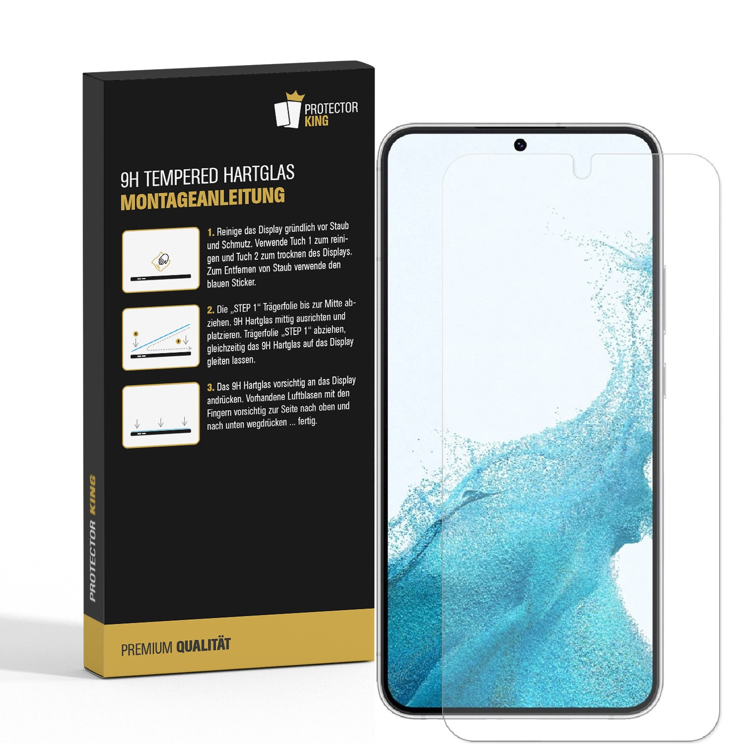 Schachtel mit Displayschutz neben dem Telefon. Anweisungen sind drauf.