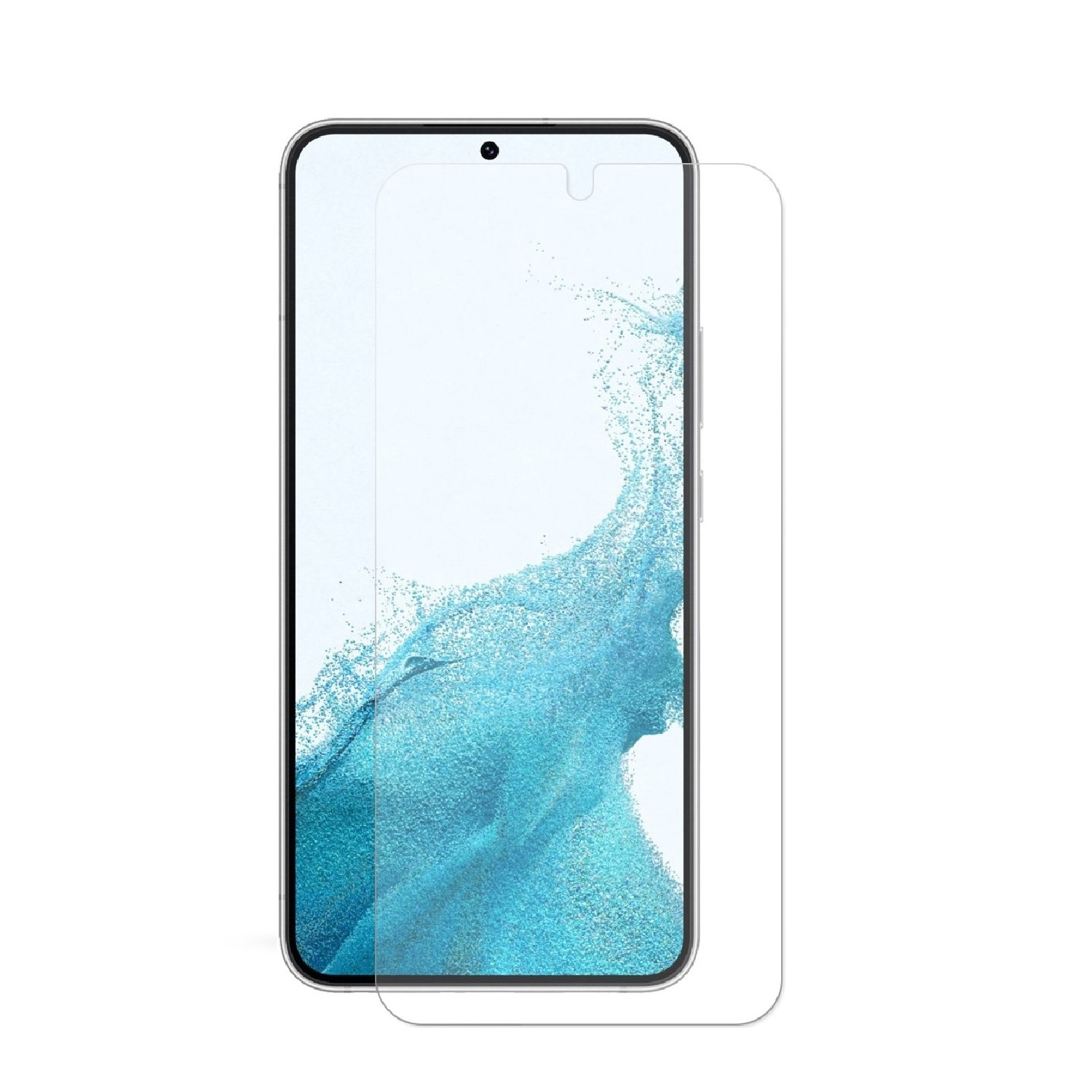 Ein Telefon mit einer Displayschutzfolie. Die Displayschutzfolie ist klar, und das Telefon hat einen blau-weißen Hintergrund.