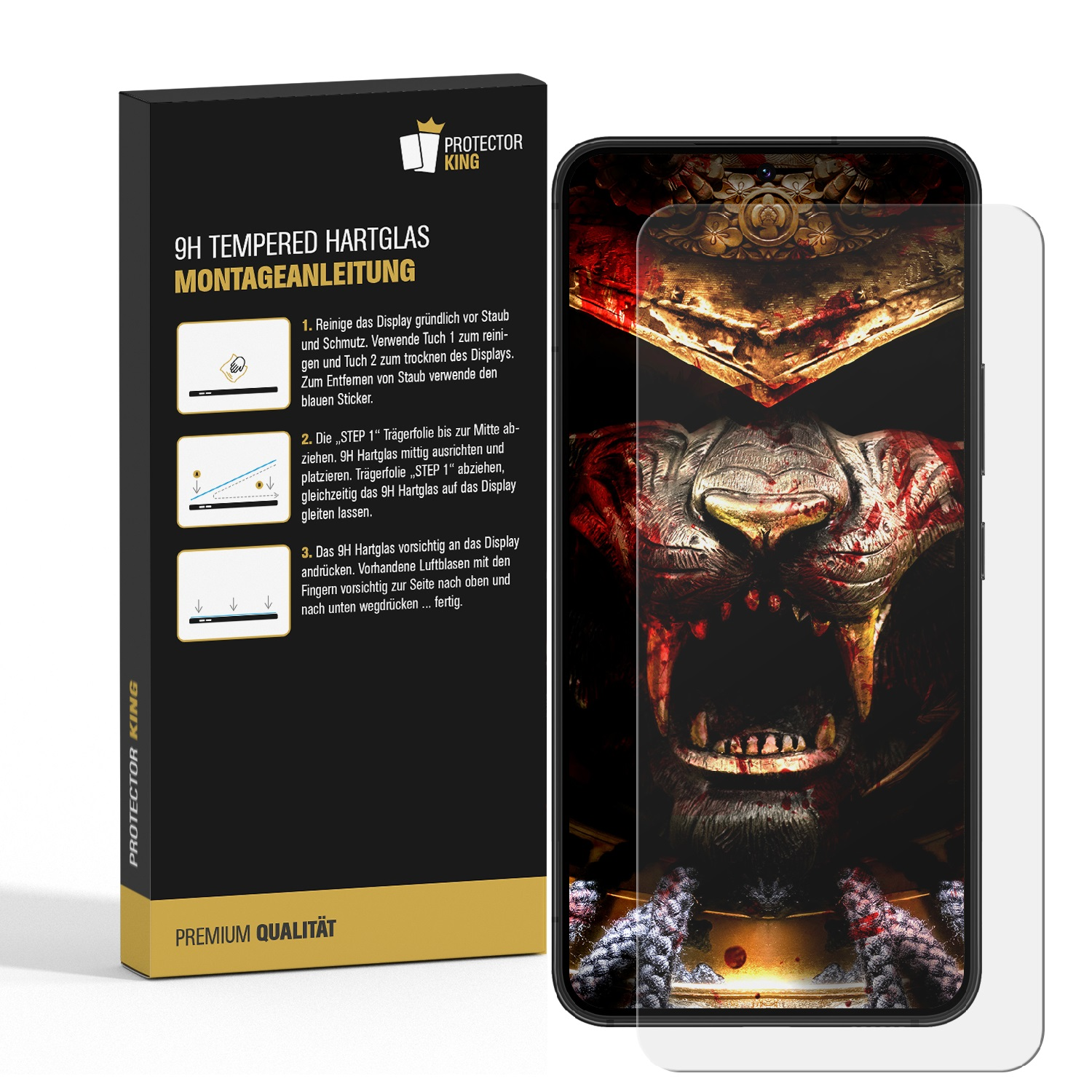 Ein Telefon mit einer Displayschutzfolienbox, zeigt Installationsschritte und eine Monstergrafik auf dem Bildschirm.