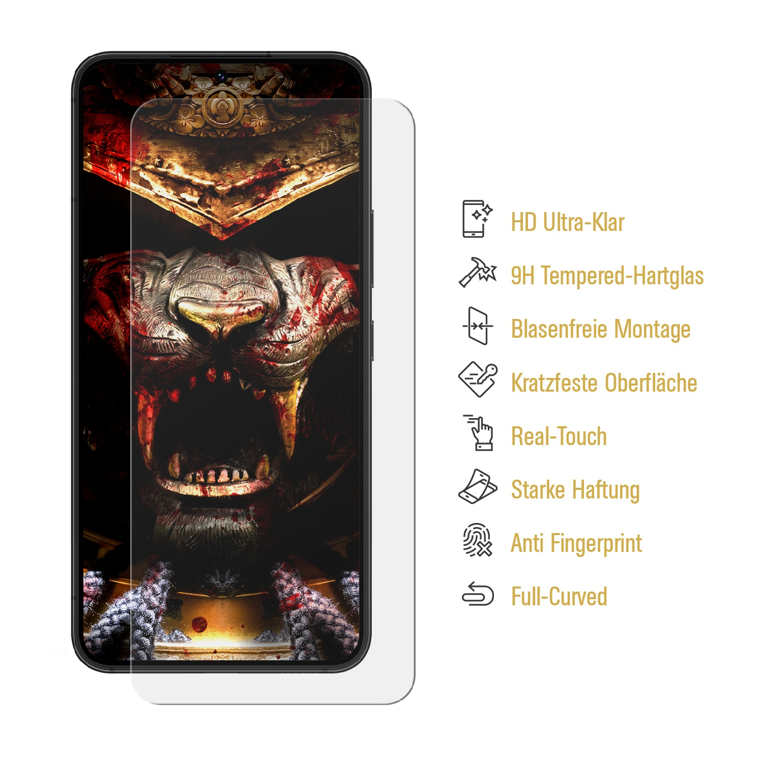Ein Telefon mit aufgetragener Displayschutzfolie, zeigt Monstergrafik, Text zu HD und gewölbten Kanten.
