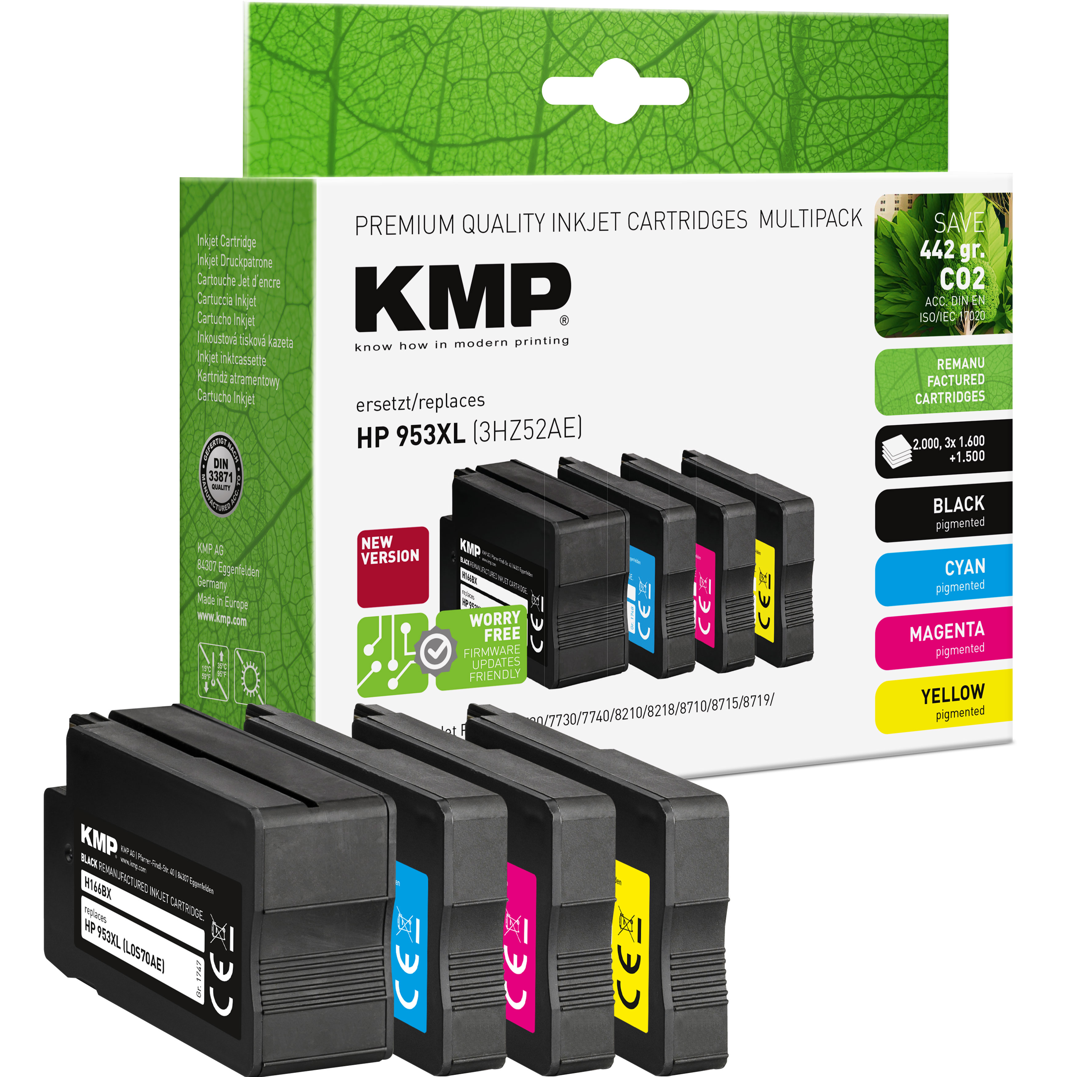 Scatola di cartucce d'inchiostro KMP. Contiene cartucce nere, ciano, magenta e gialle.