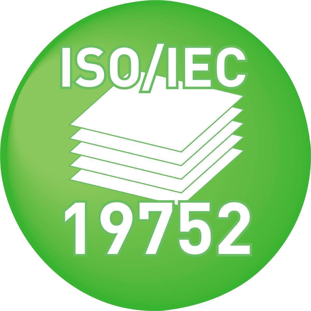 Zielona okrągła odznaka z białym napisem 'ISO/IEC 19752'.