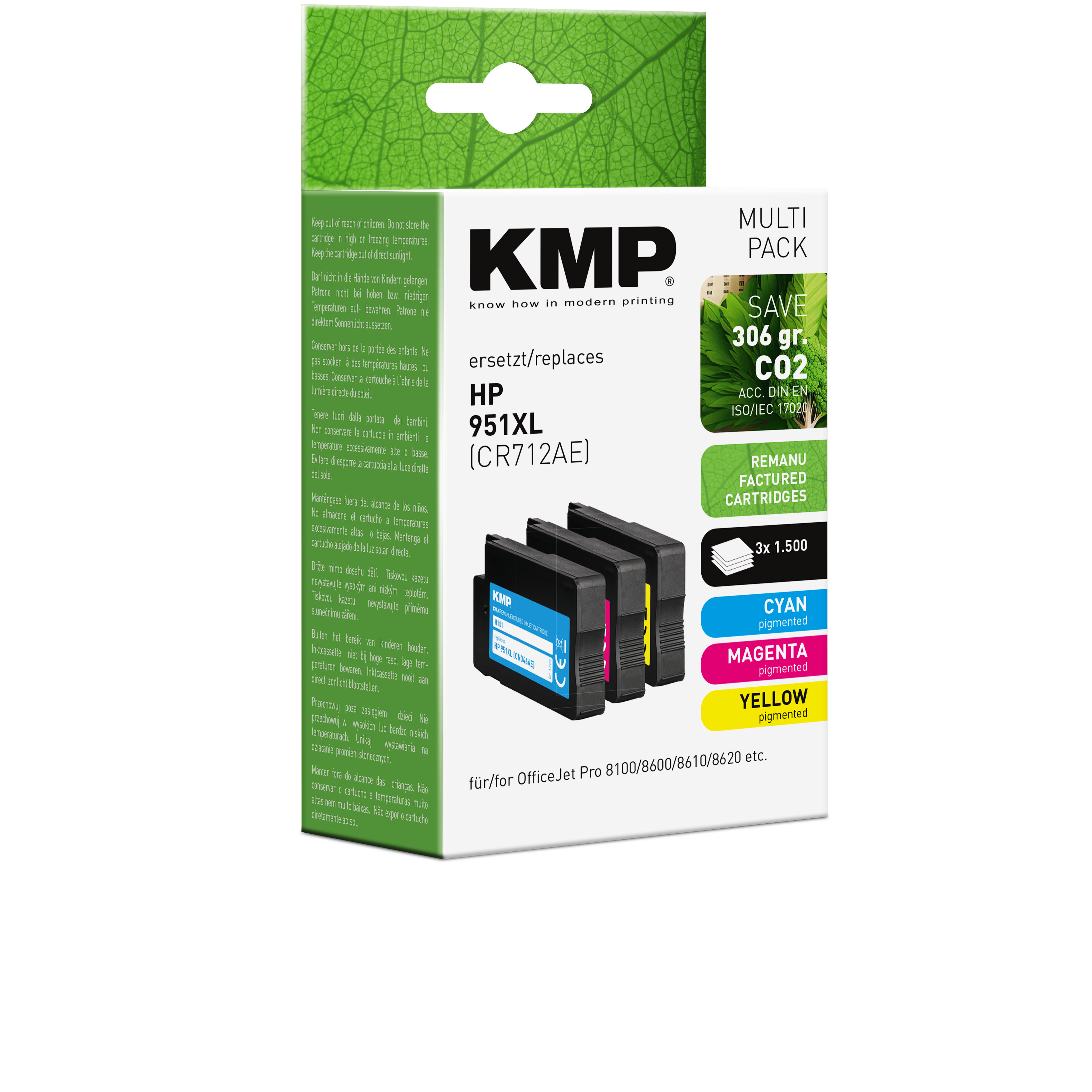 Scatola di cartucce d'inchiostro KMP. Contiene cartucce ciano, magenta, giallo e nero.