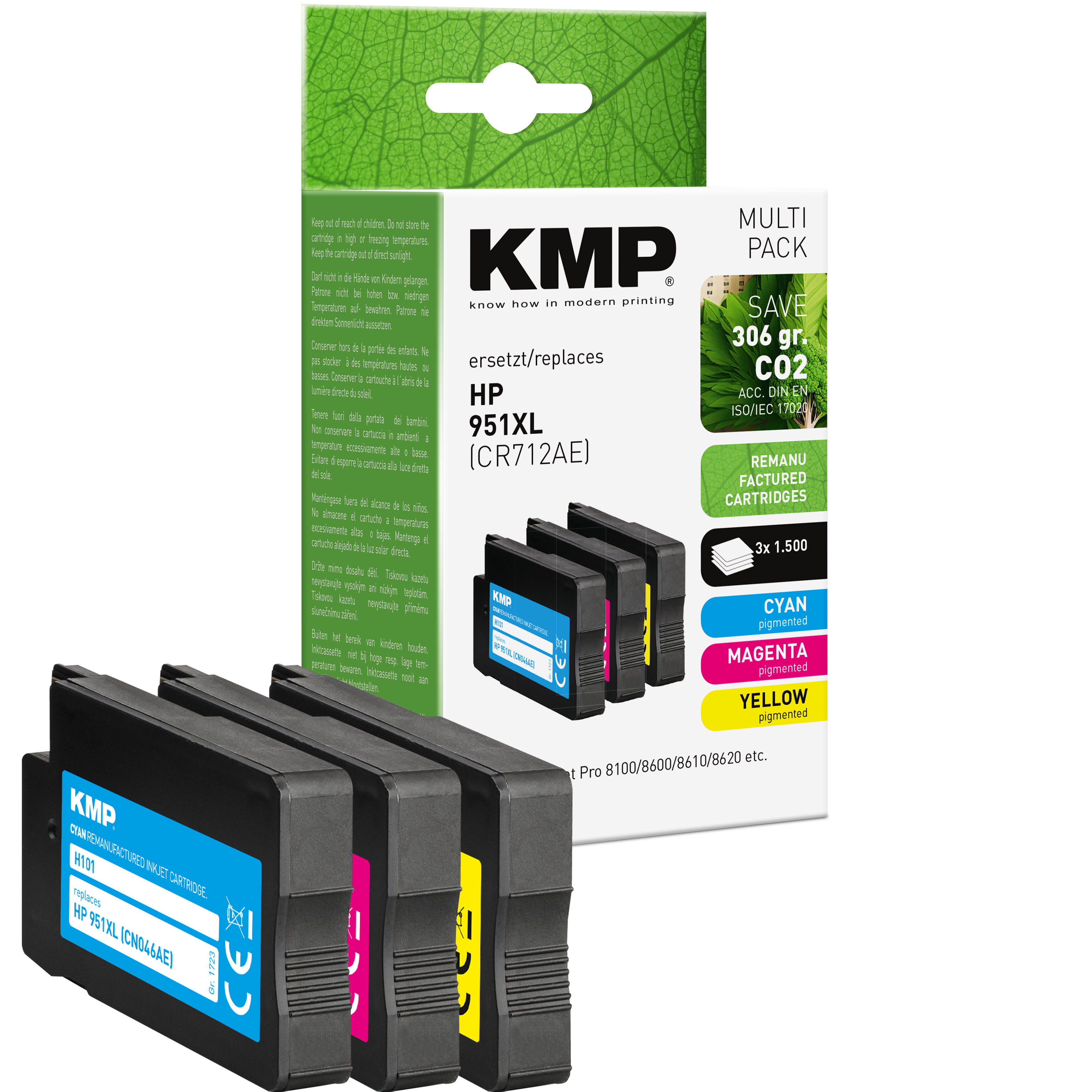Un multi-pack di cartucce d'inchiostro HP 951XL in una scatola verde e bianca, con le cartucce sotto.