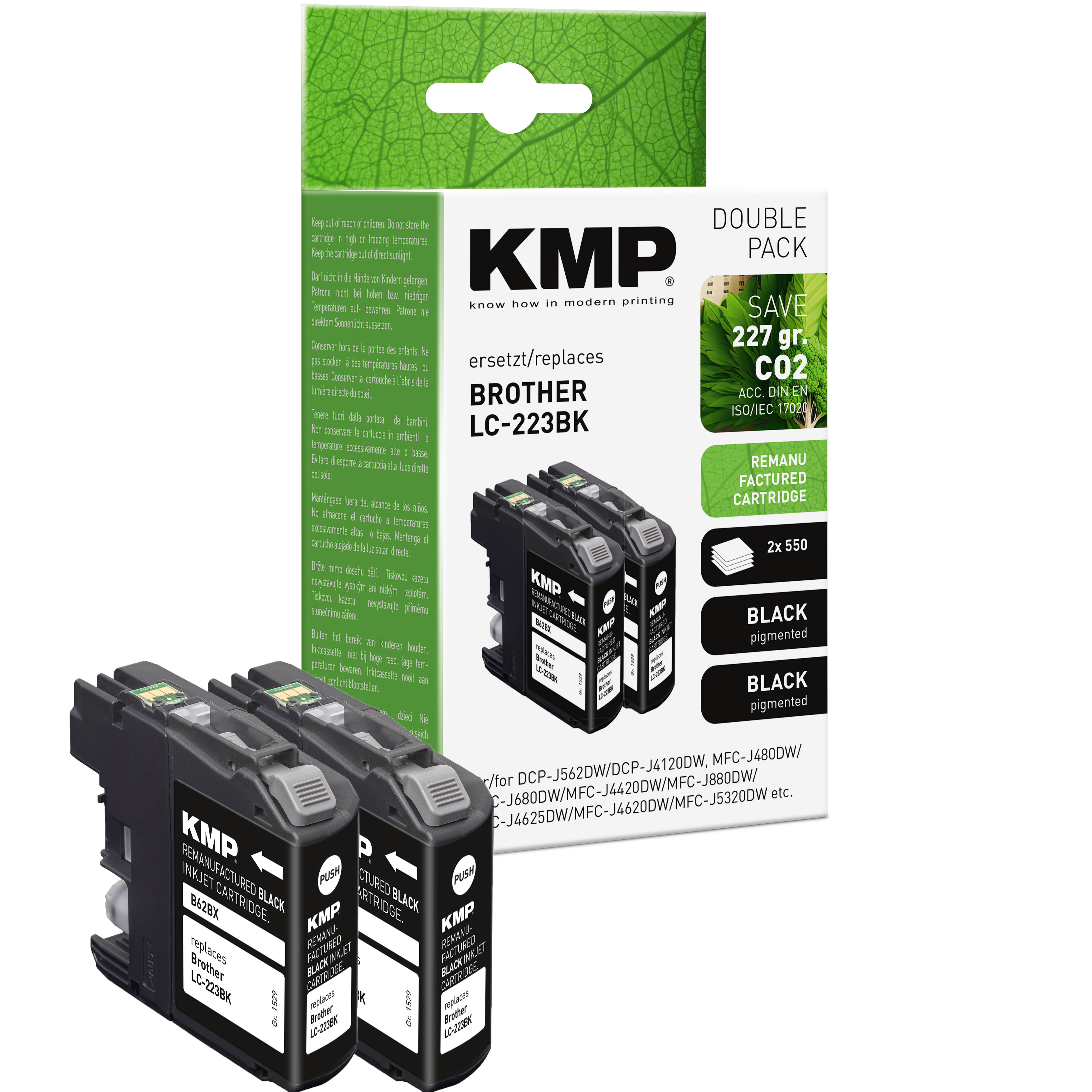 Ein Doppelpack KMP schwarze Tintenpatronen für Brother Drucker, mit Box und Patronen darunter.