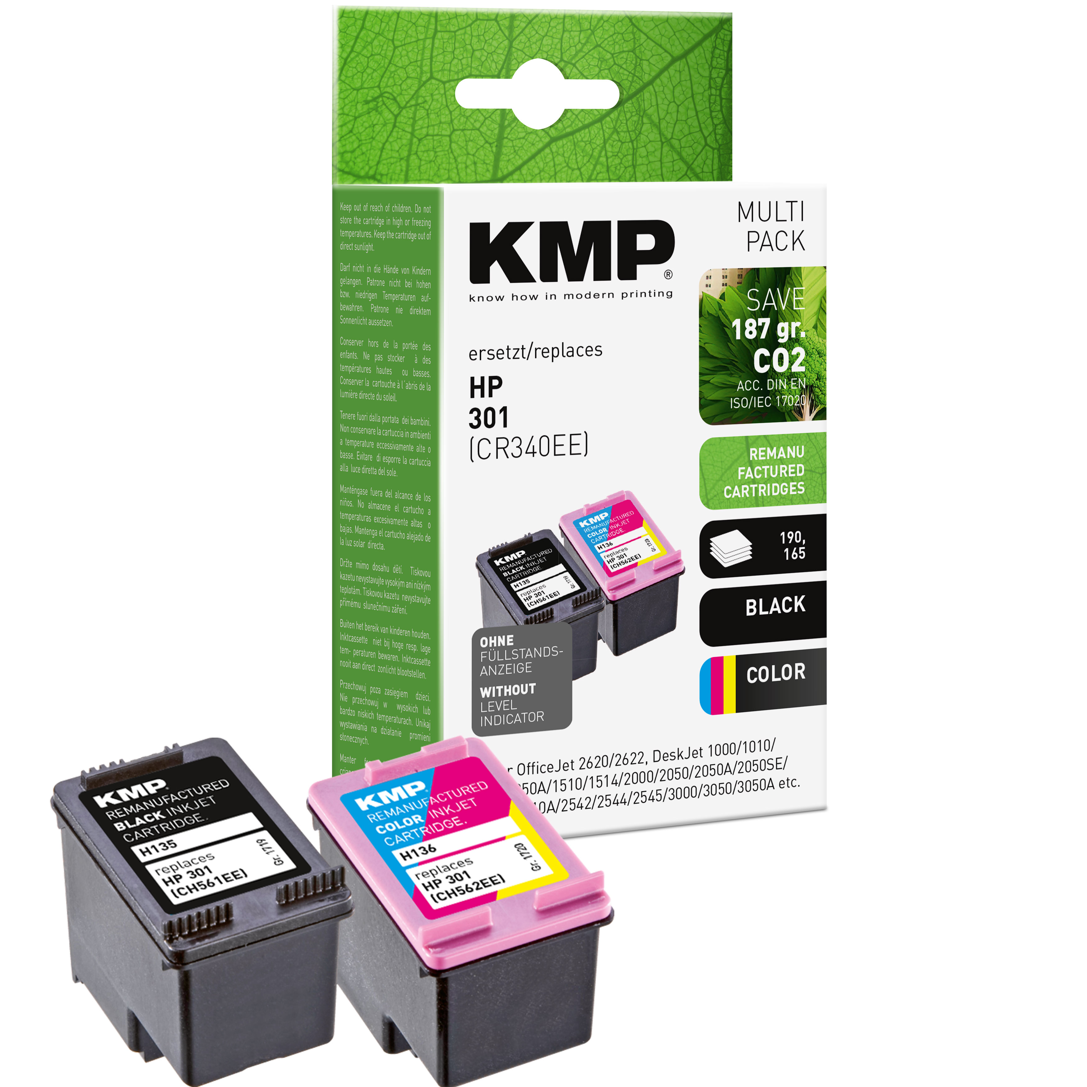 Ein Multipack KMP Tintenpatronen für HP Drucker, mit Box und Patronen darunter.