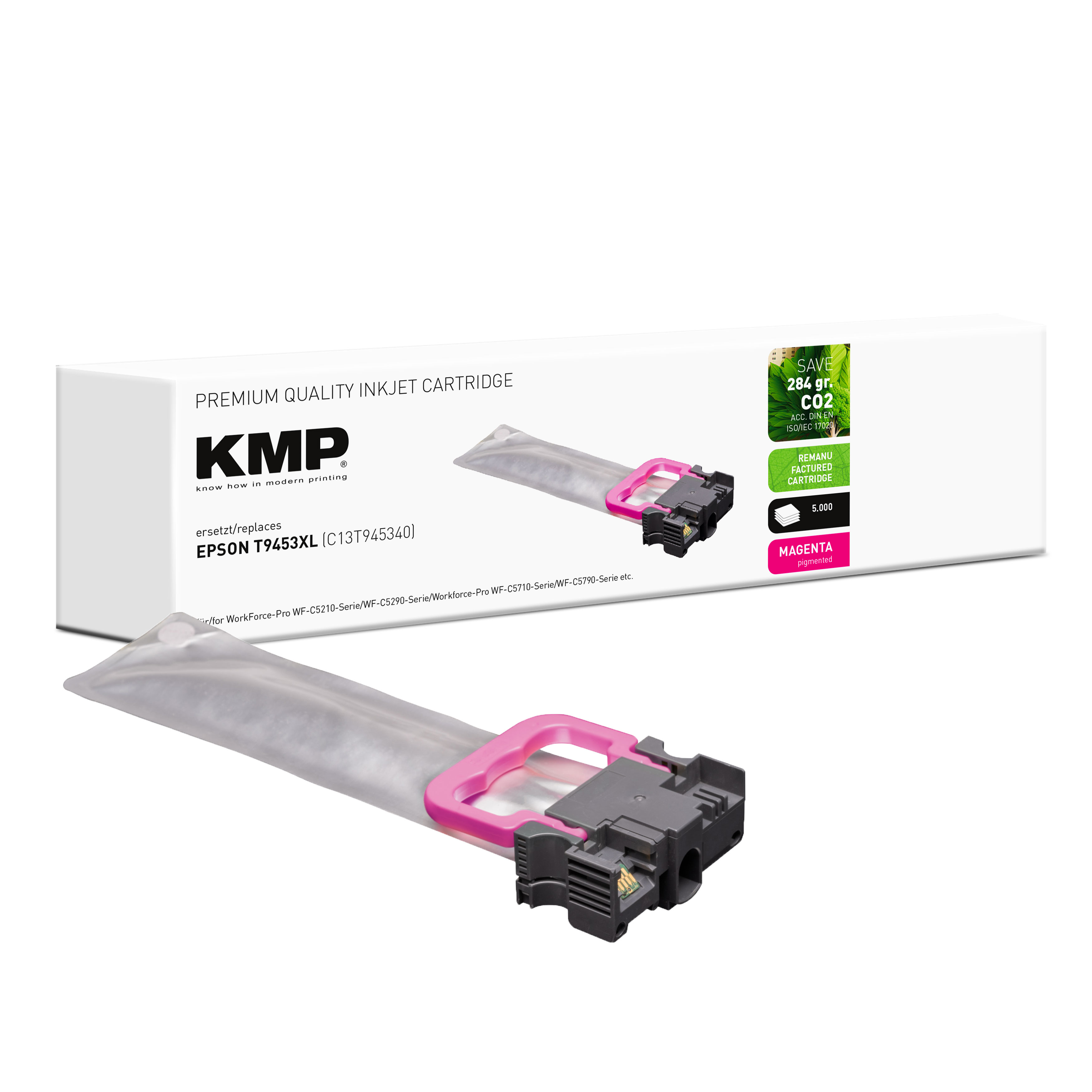 Magenta-Tintenpatrone und deren Karton von KMP, beschriftet mit Epson T9453XL.