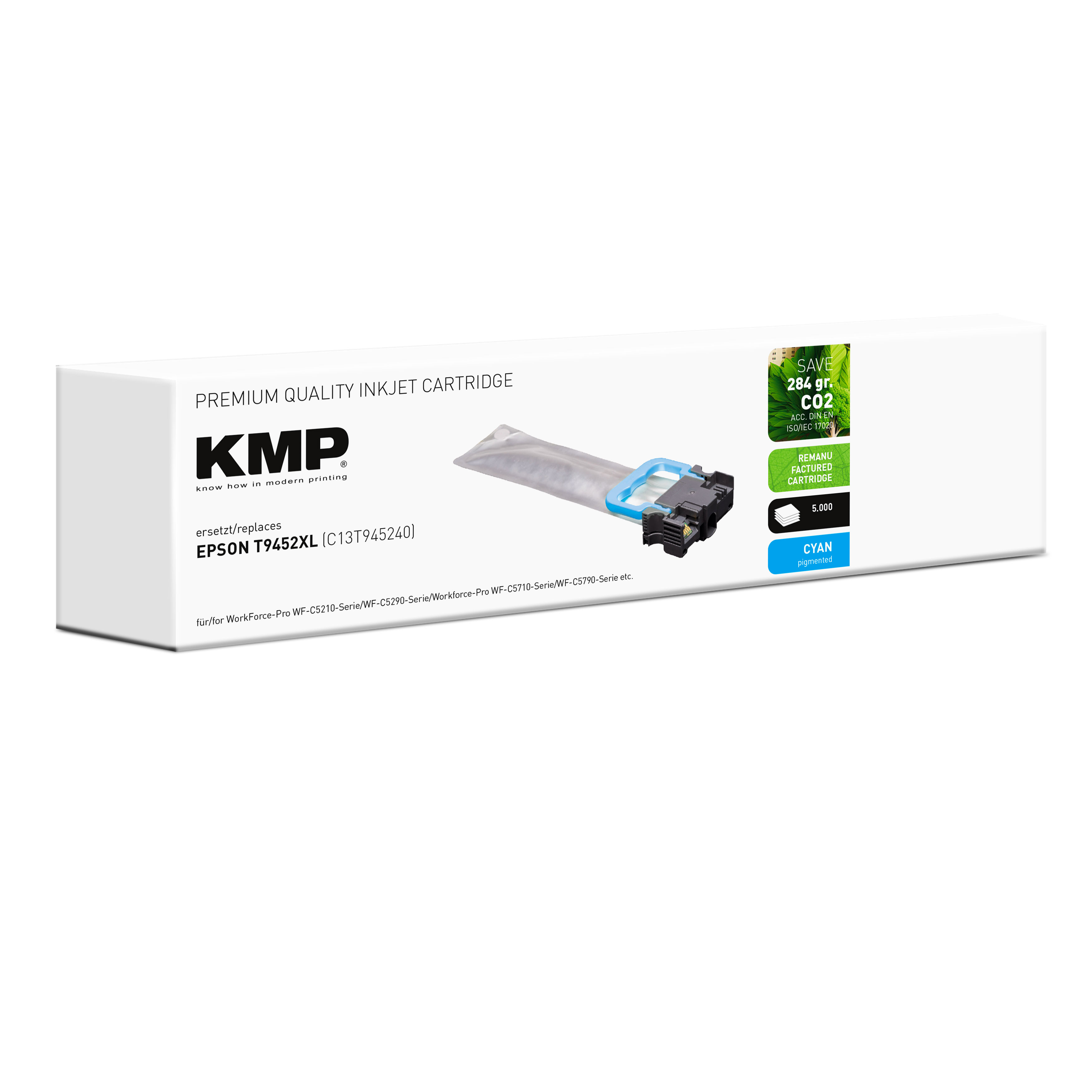 Una cartuccia d'inchiostro ciano KMP per stampanti Epson, con la scatola sullo sfondo.
