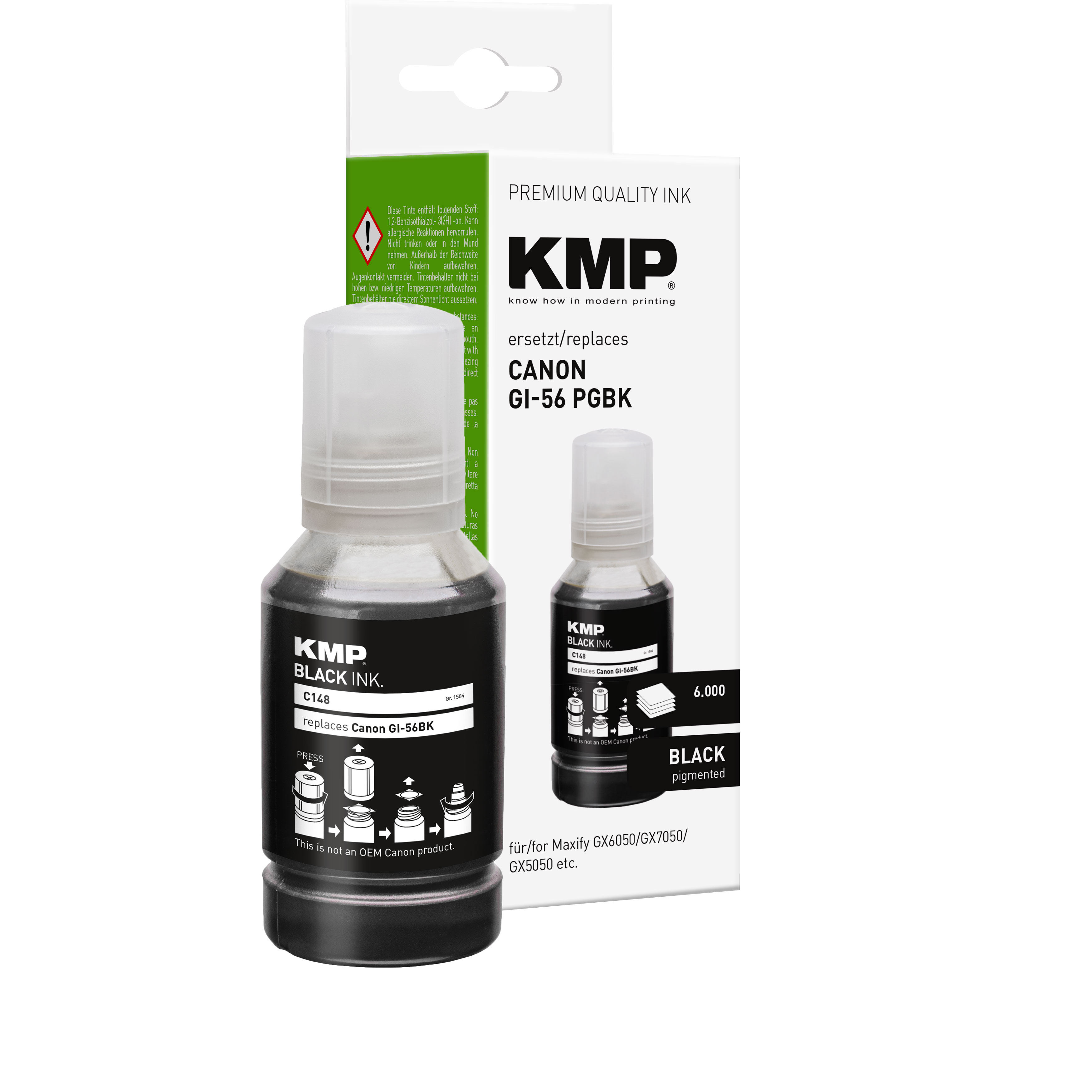 Zwei schwarze Tintenflaschen und eine Schachtel schwarzer Tinte von KMP.