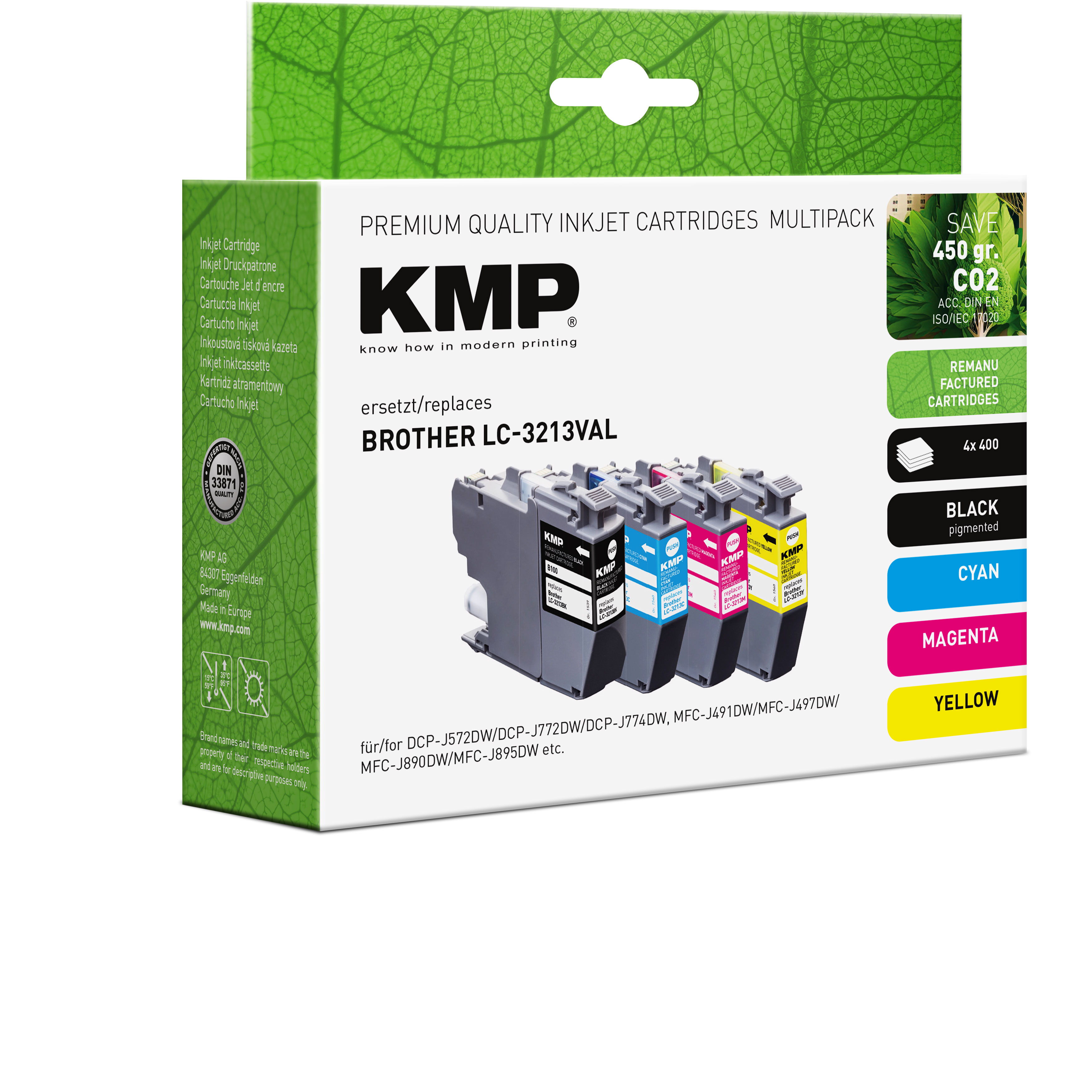 Una scatola di cartucce a getto d'inchiostro KMP con inchiostri nero, ciano, magenta e giallo.