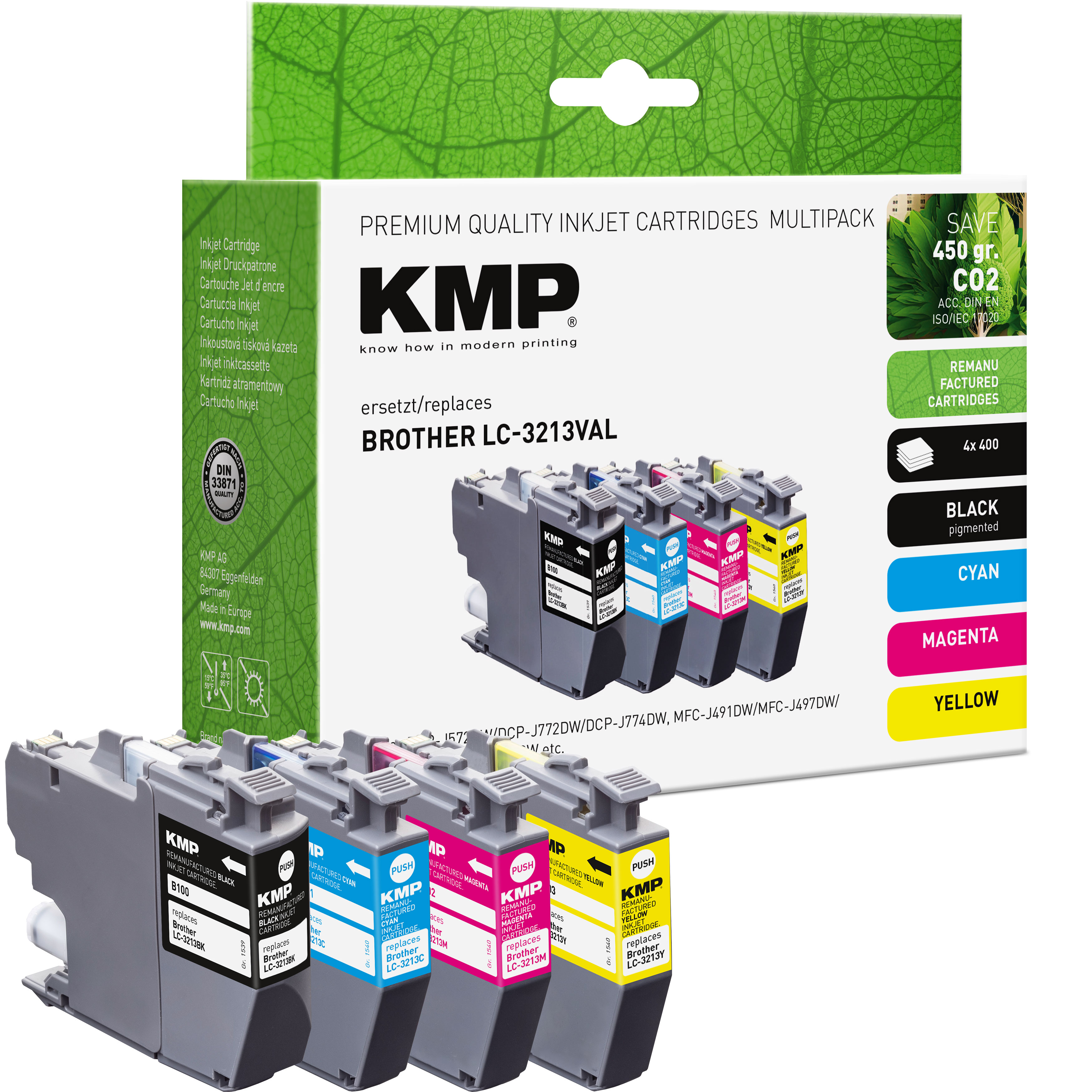 Una scatola di cartucce a getto d'inchiostro KMP con inchiostri nero, ciano, magenta e giallo.