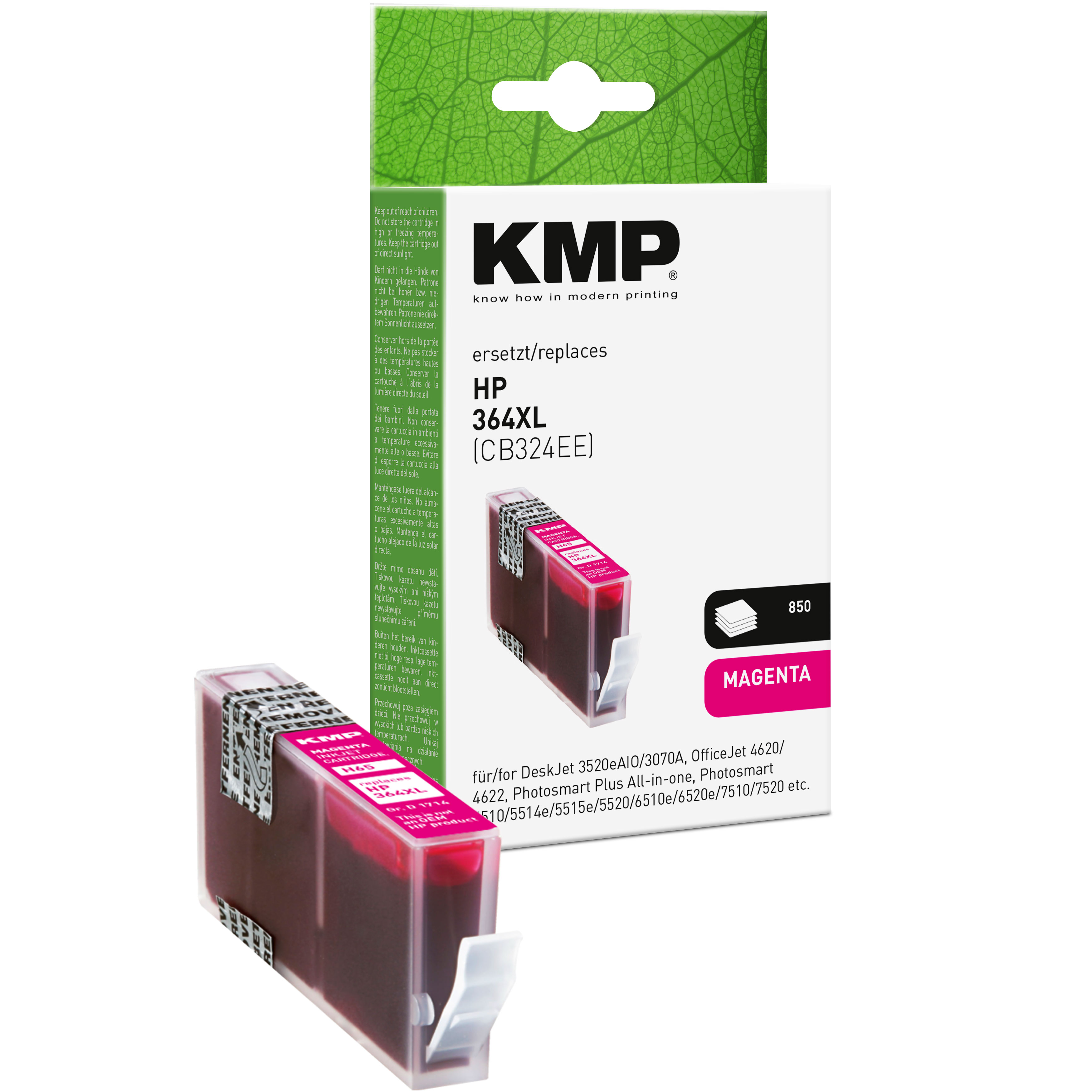 Magentarote KMP-Tintenpatrone und -Box. Auf der Box steht "KMP", "HP 364XL". Die Patrone ist pink/magenta.