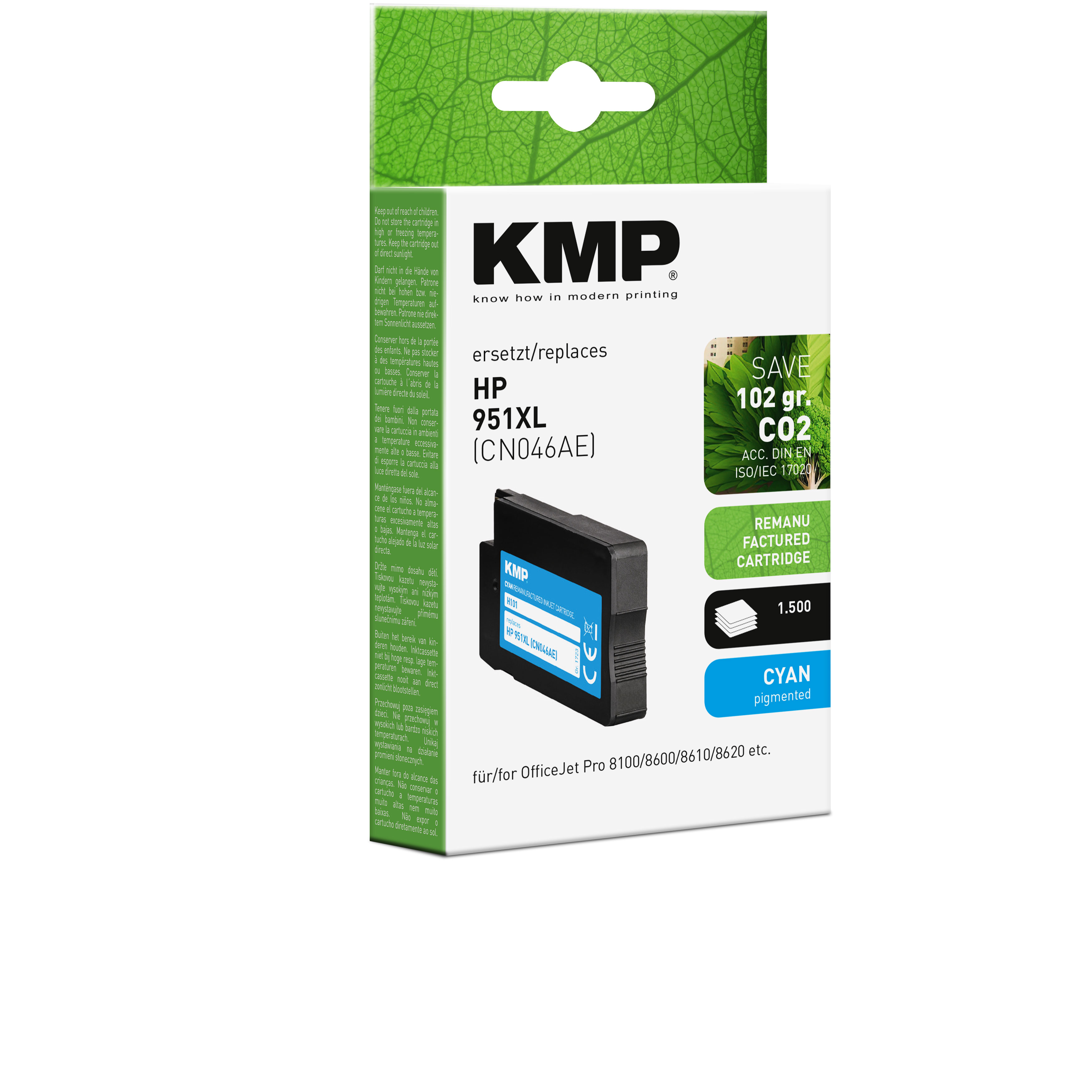 Cartuccia d'inchiostro ciano e la sua scatola di KMP, etichettata HP 951XL.