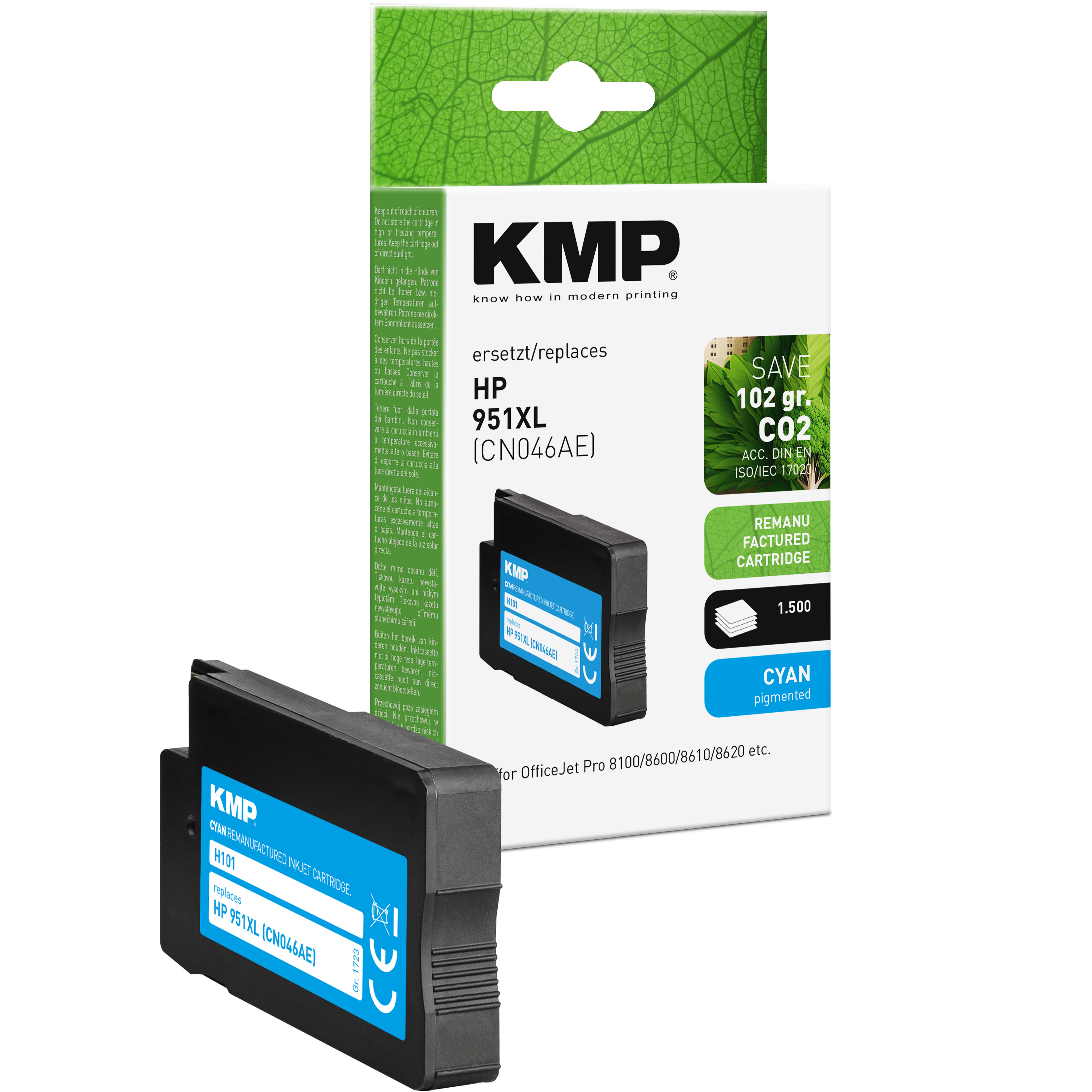 Cartuccia d'inchiostro KMP ciano e scatola. Sulla scatola c'è scritto "KMP", "HP 951XL". La cartuccia è blu.
