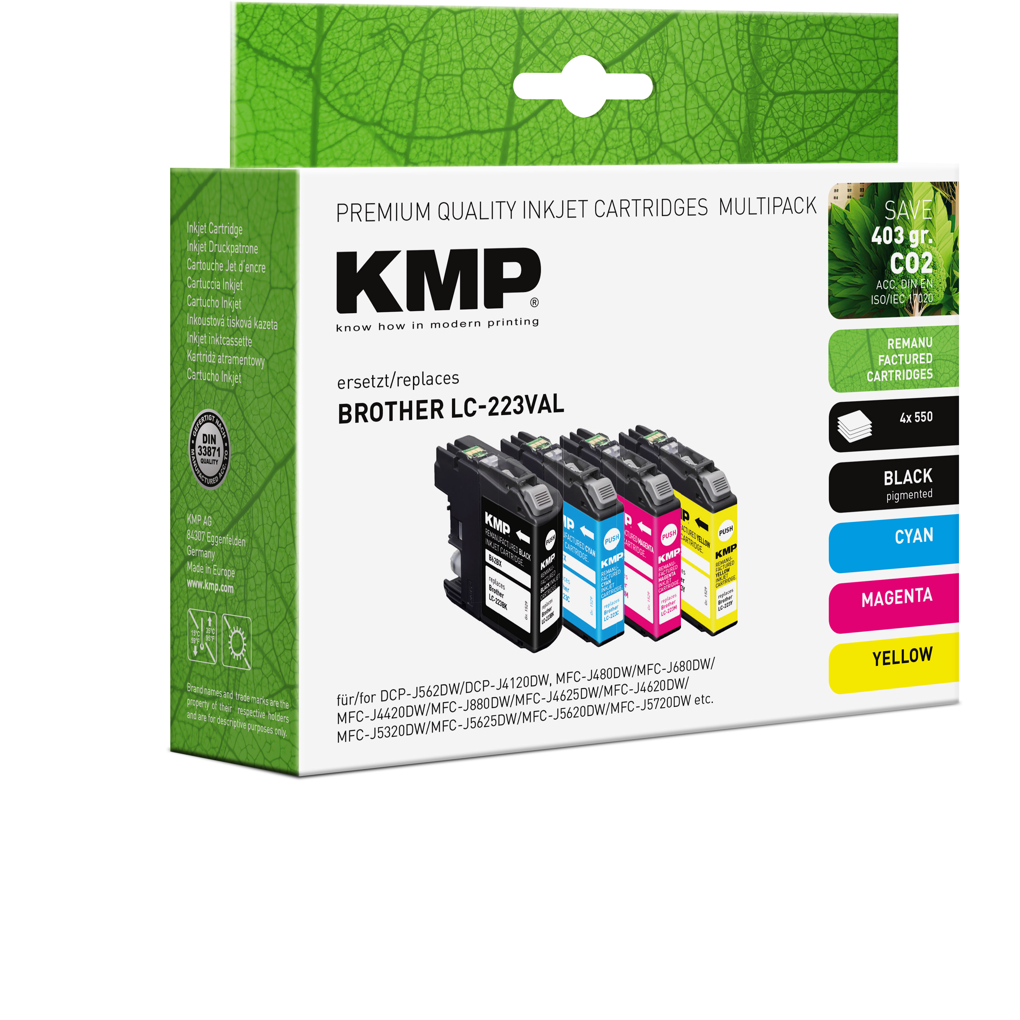 Scatola multipack di cartucce d'inchiostro KMP. Include cartucce nere, ciano, magenta e gialle. Sulla scatola c'è scritto "KMP".