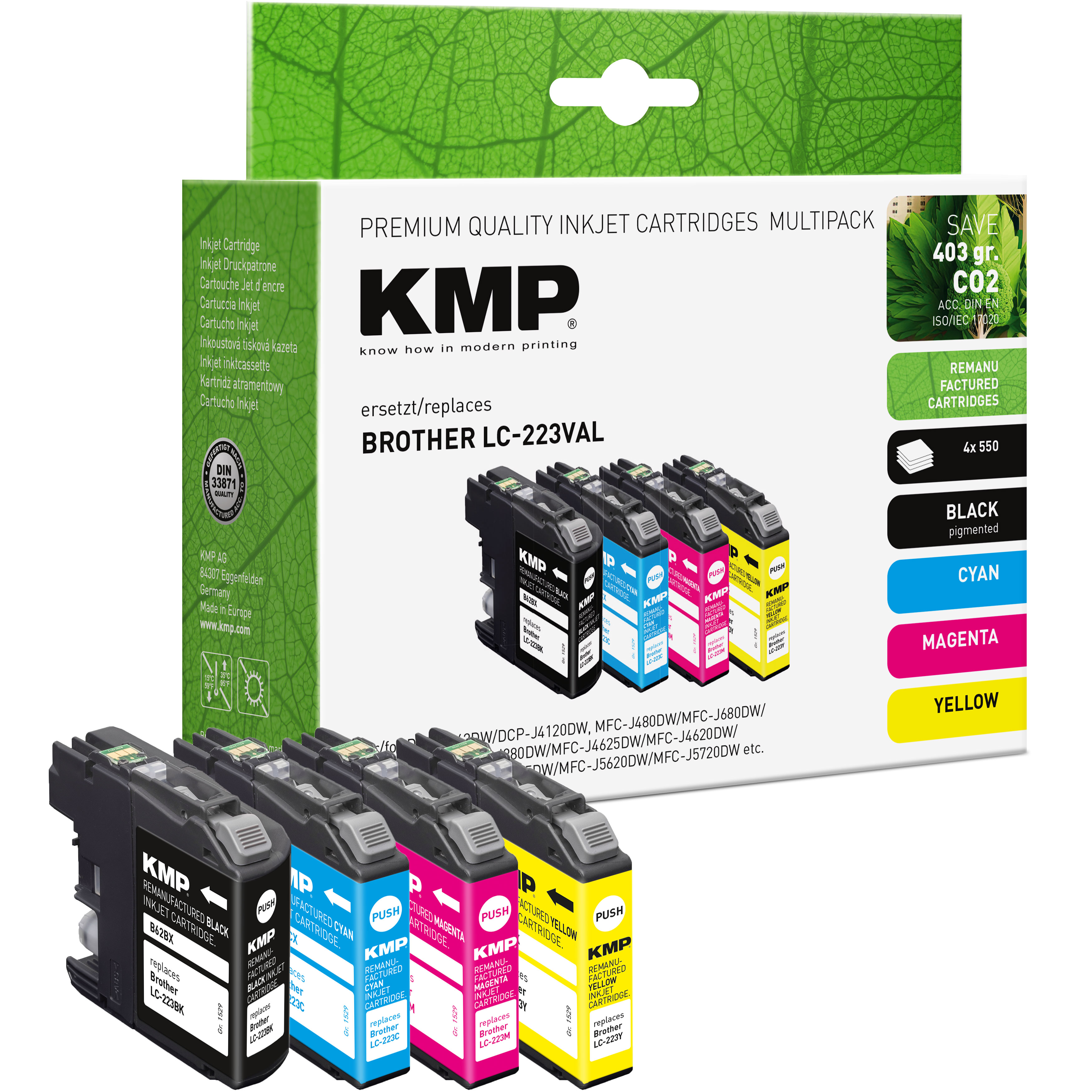 Confezione di cartucce a getto d'inchiostro. Cartucce nere, ciano, magenta e gialle. La scatola dice 'KMP' e 'Brother'.