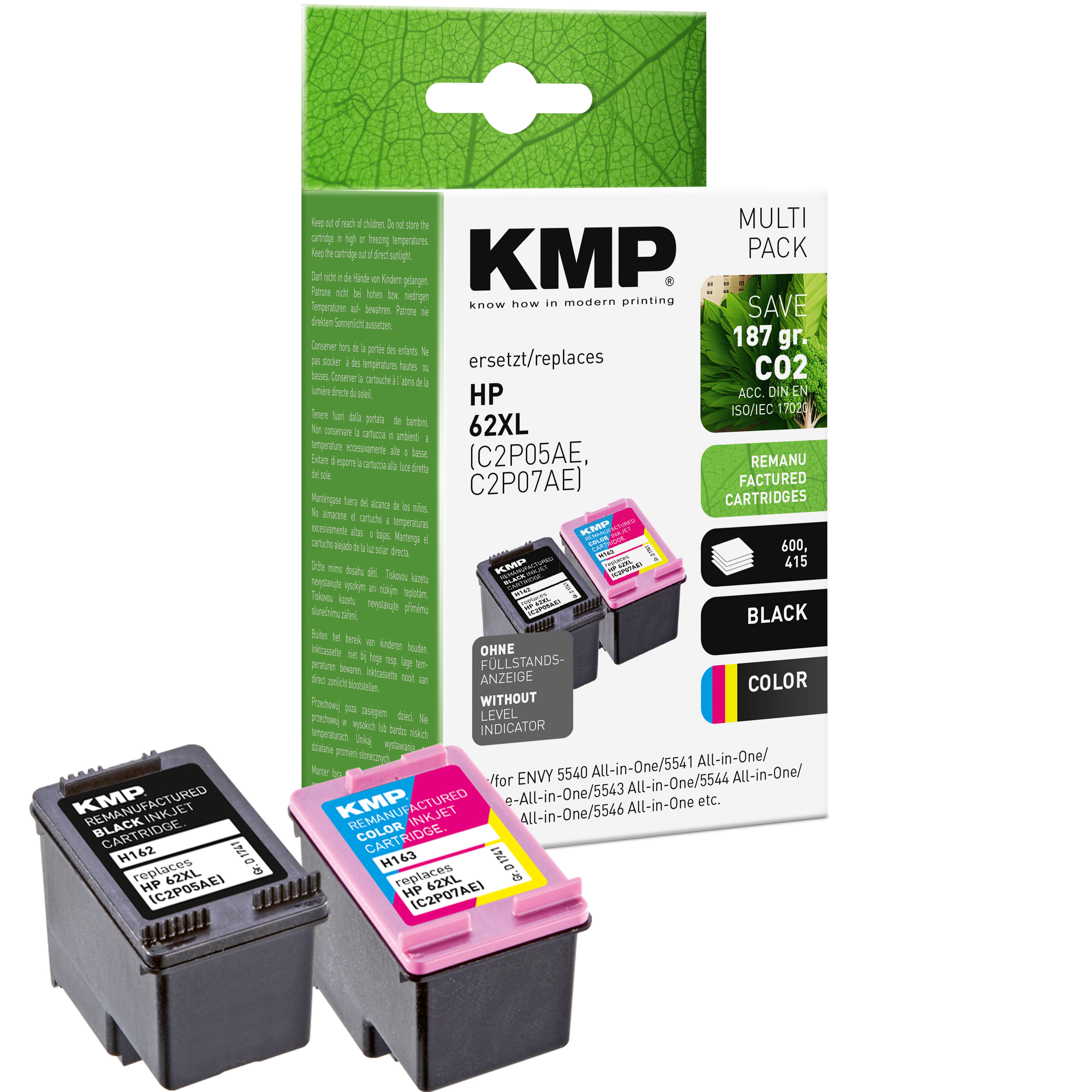 Cartucce d'inchiostro KMP nere e ciano e scatola. Sulla scatola c'è scritto "KMP", "HP 62XL". Le cartucce sono nere e ciano.