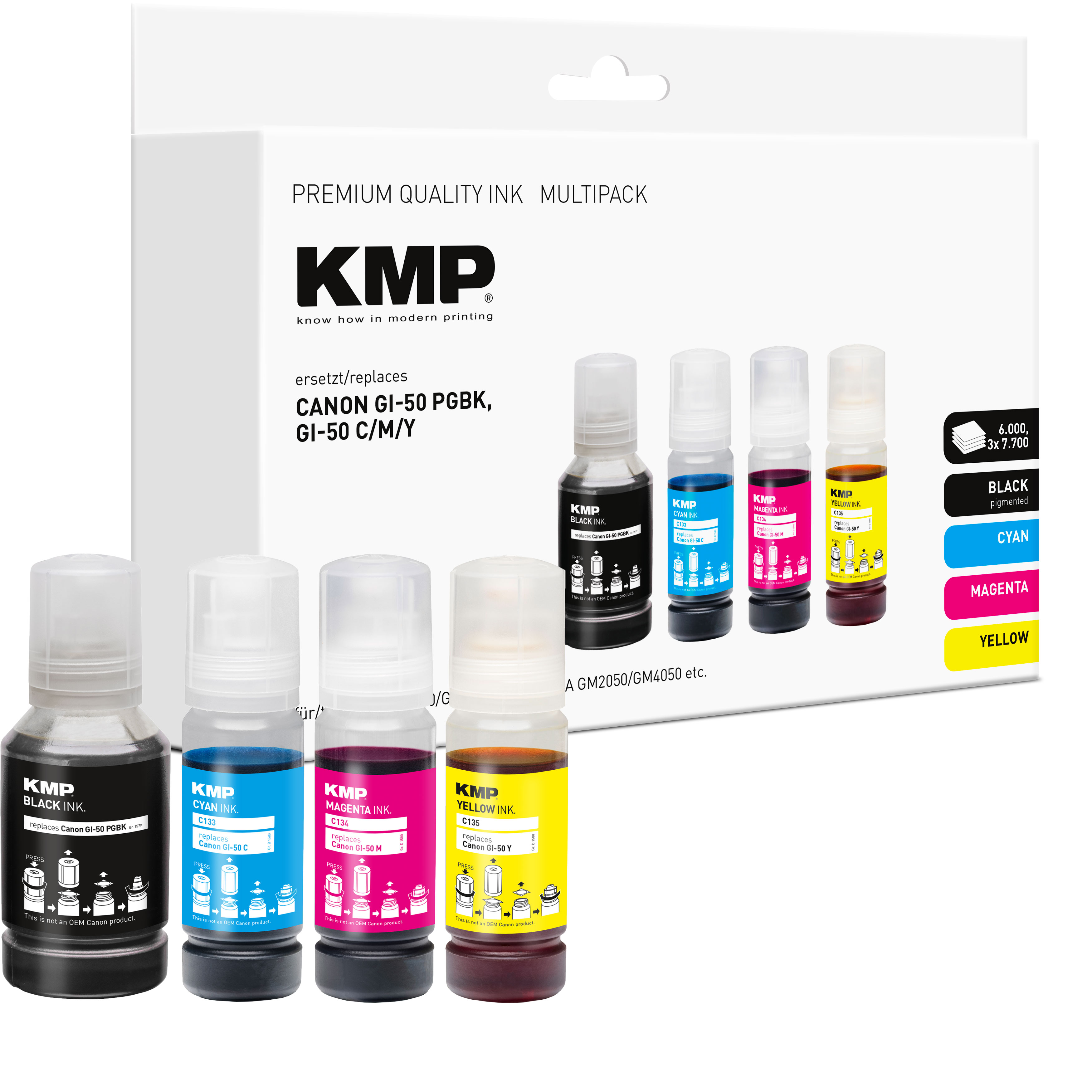 KMP Multipack Tintenflaschen für Canon GI-50, schwarze, cyan, magenta und gelbe Tinte.