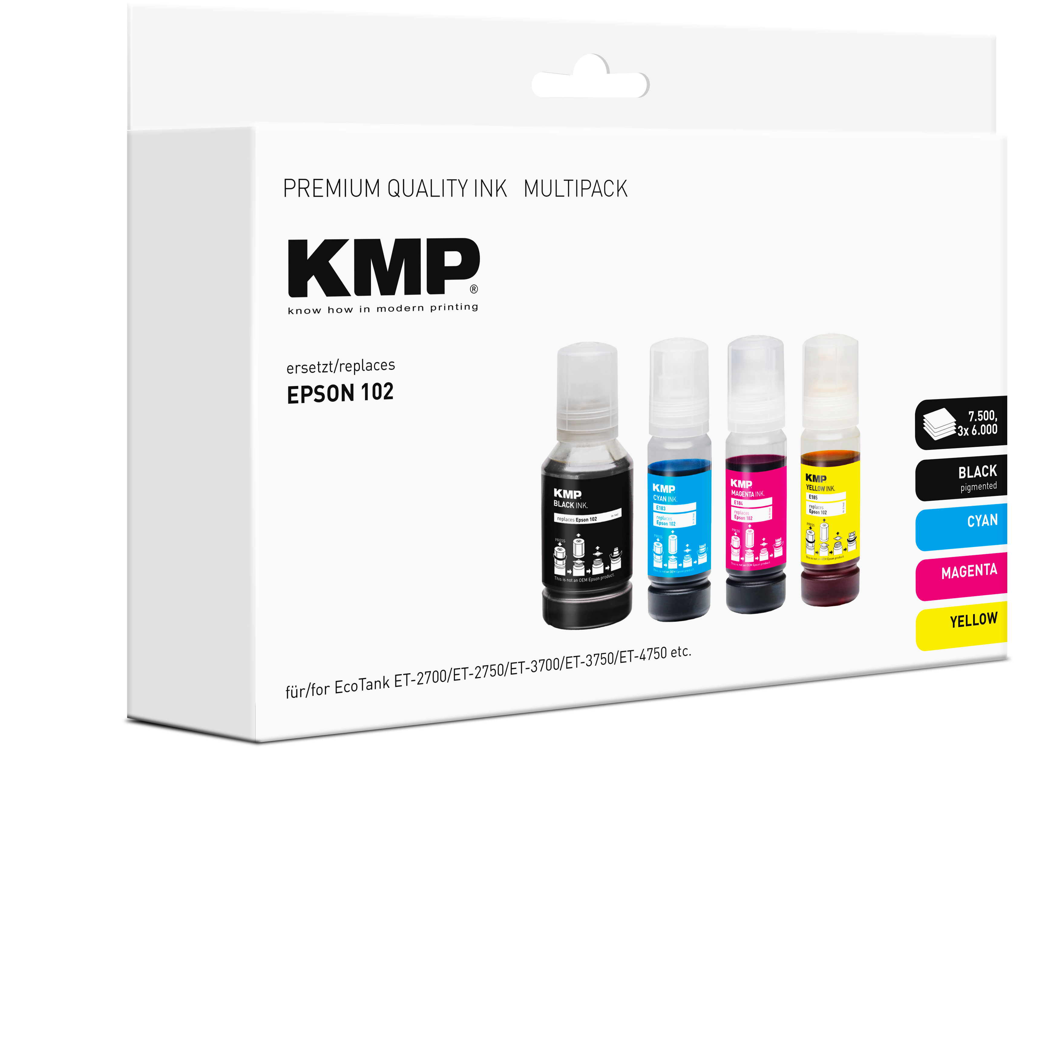 Multipack-Box mit KMP-Tintenflaschen. Enthält schwarze, cyan-, magenta- und gelbe Flaschen. Auf der Box steht "KMP".