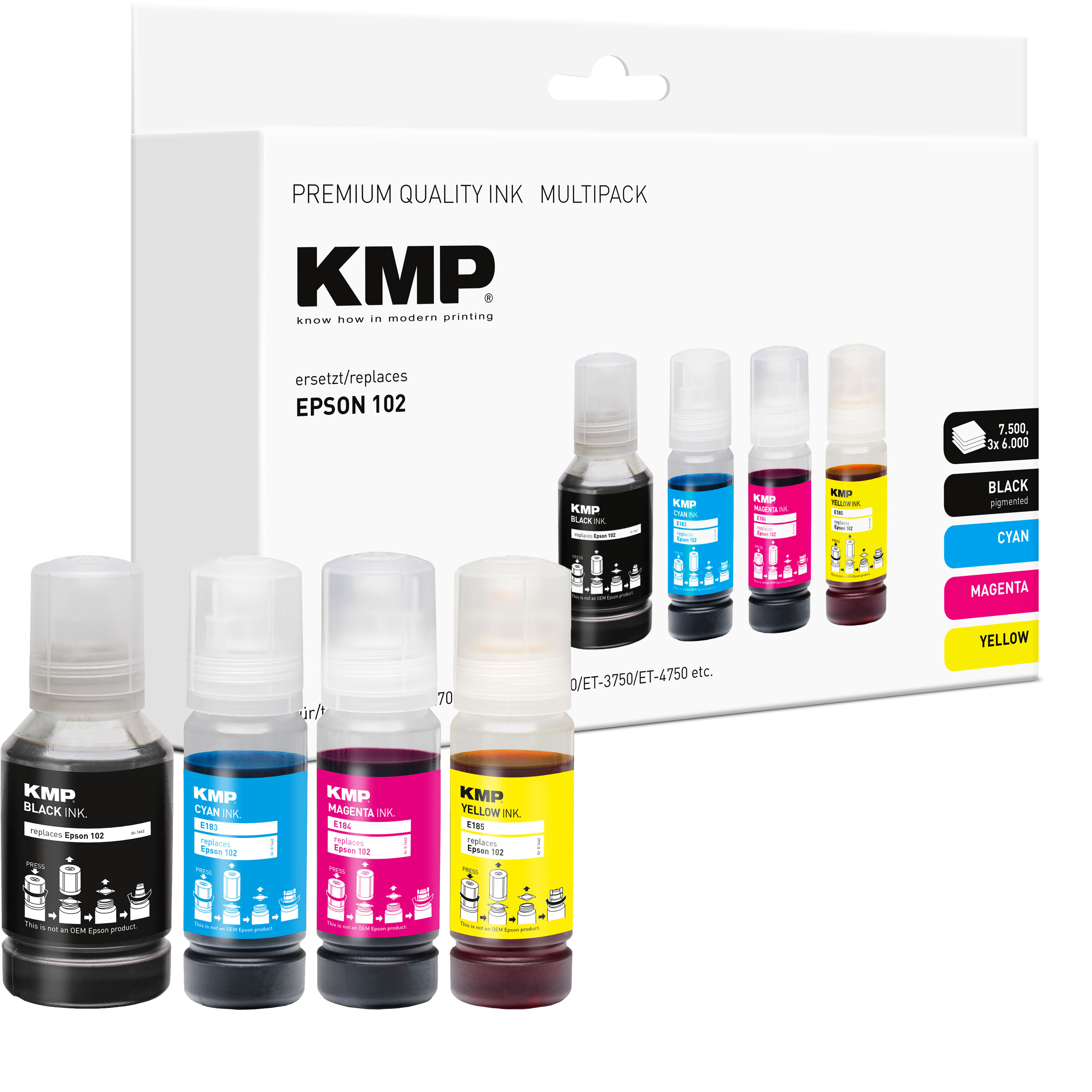 KMP Multipack Tintenflaschen für Epson 102, schwarze, cyan, magenta, gelbe Tinte.