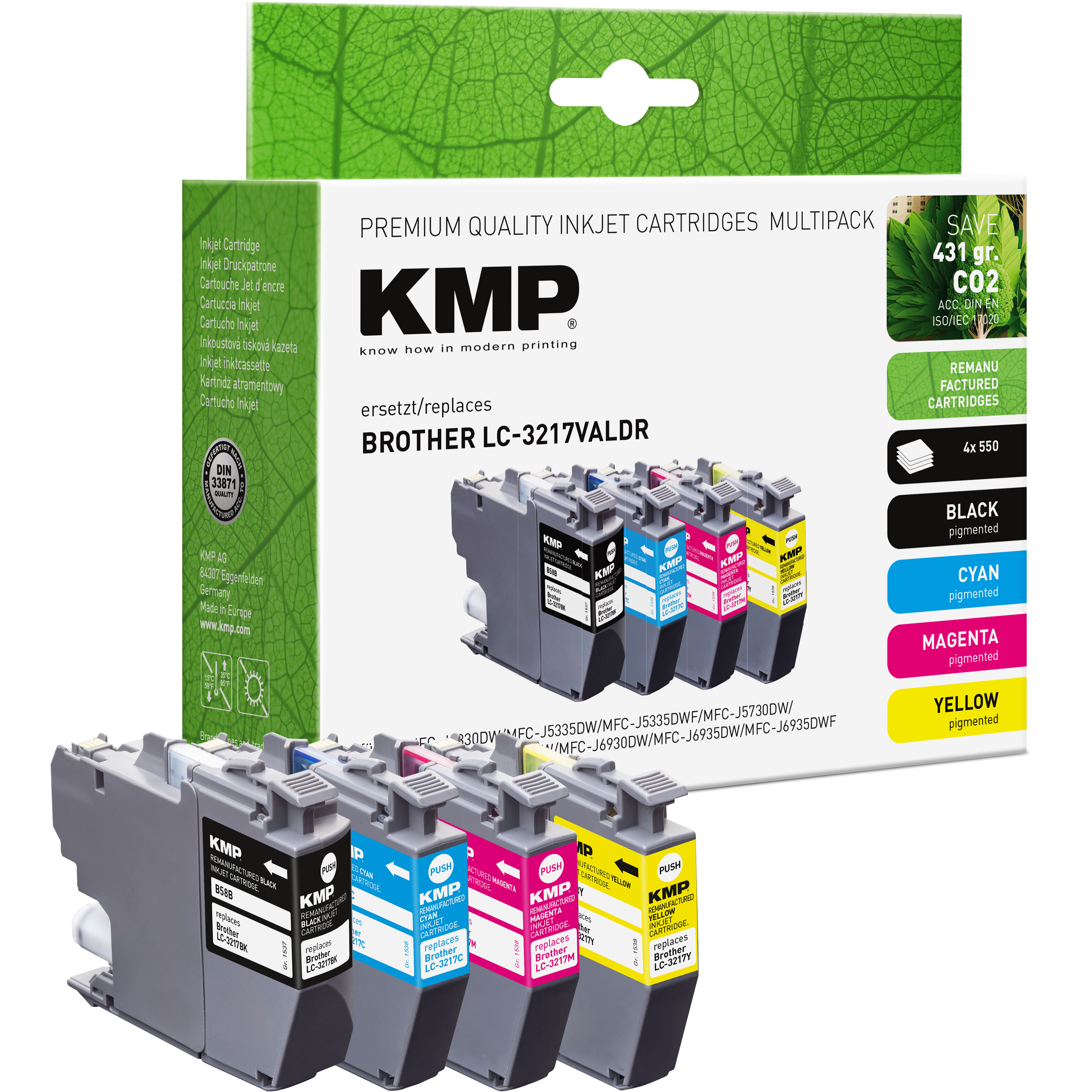 Multipack di cartucce a getto d'inchiostro KMP per Brother LC-3217VALDR, nero, ciano, magenta, giallo.