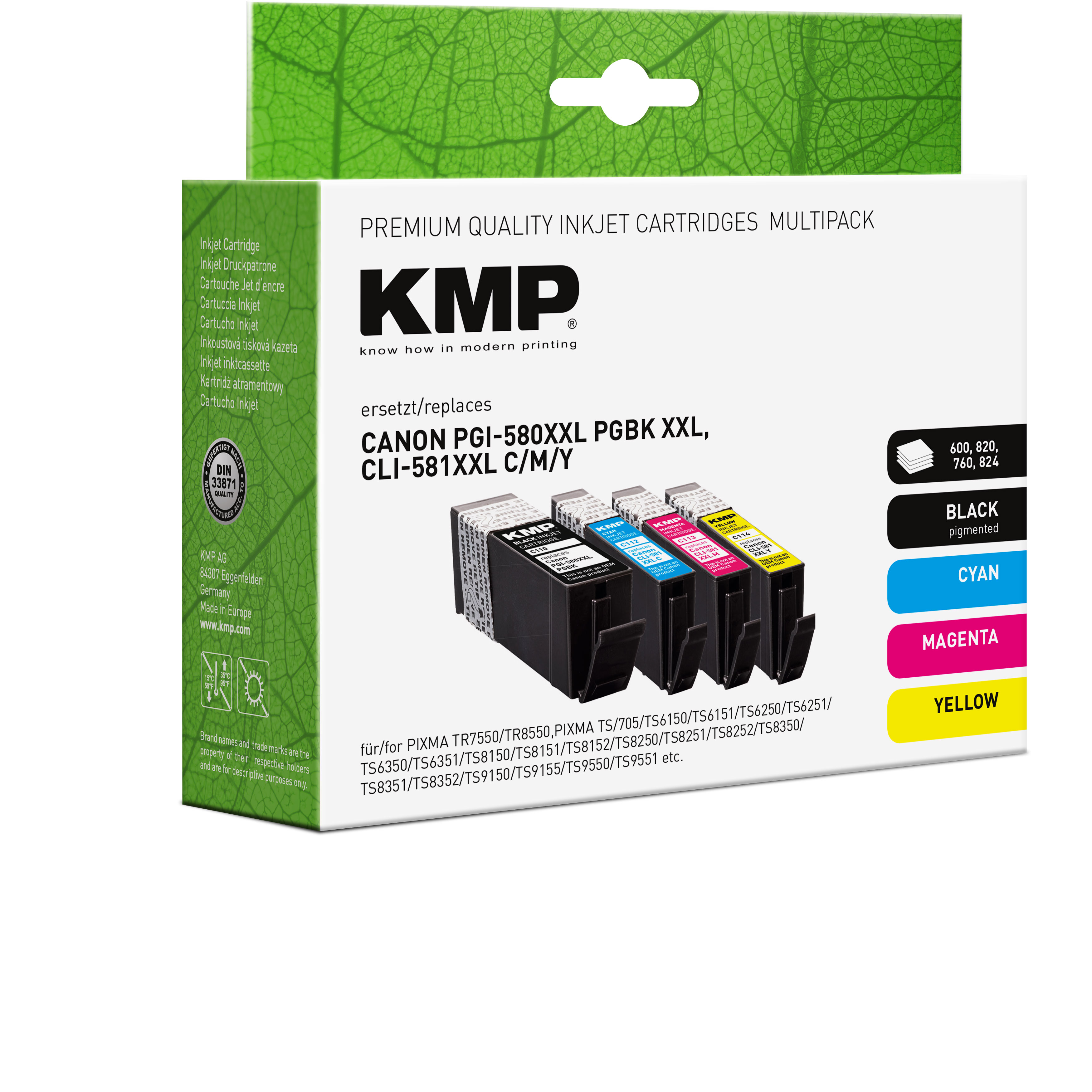 Multipack di cartucce a getto d'inchiostro KMP per Canon PGI-580XXL, inchiostri nero, ciano, magenta, giallo.