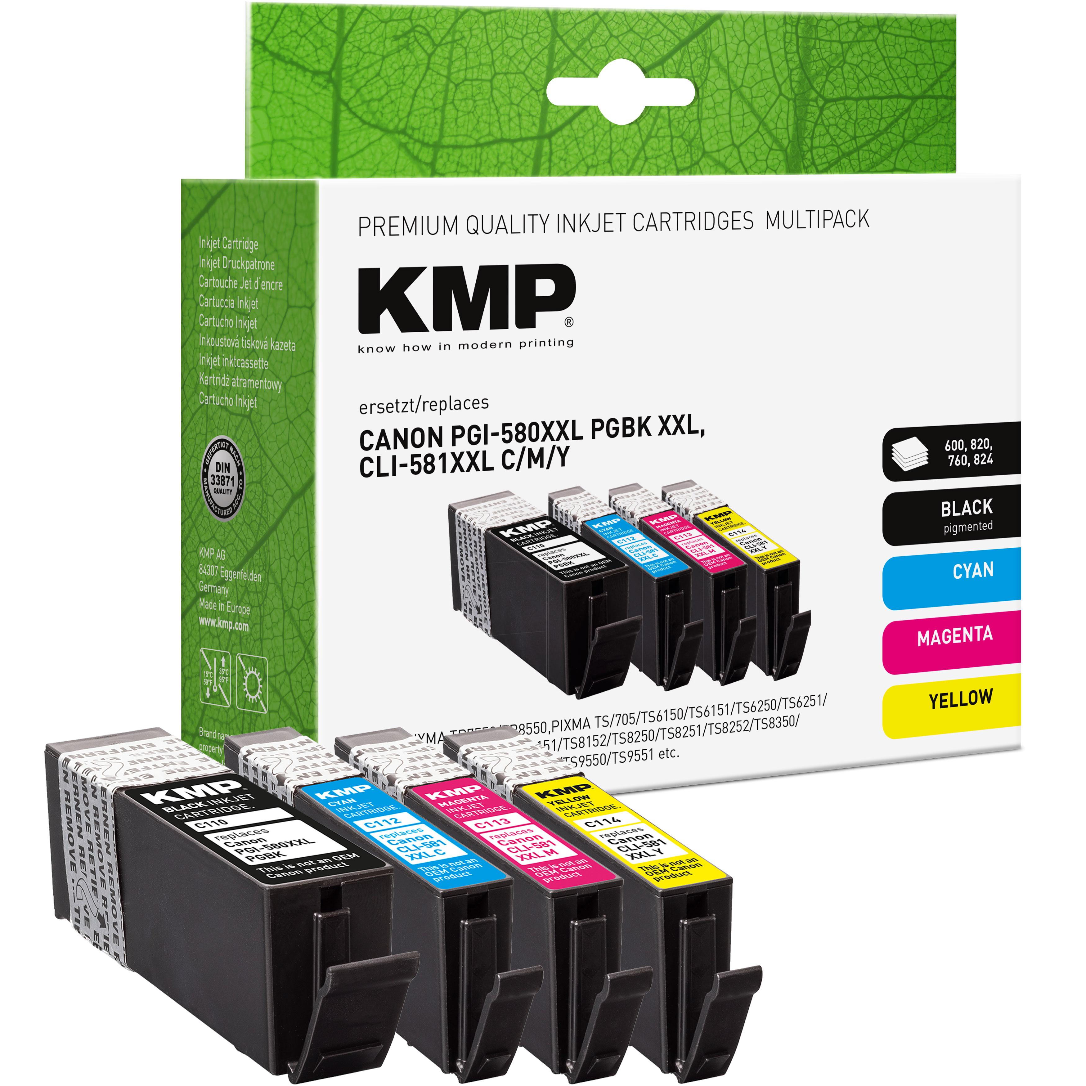 Multipack di cartucce a getto d'inchiostro KMP per Canon PGI-580XXL, inchiostri nero, ciano, magenta, giallo.