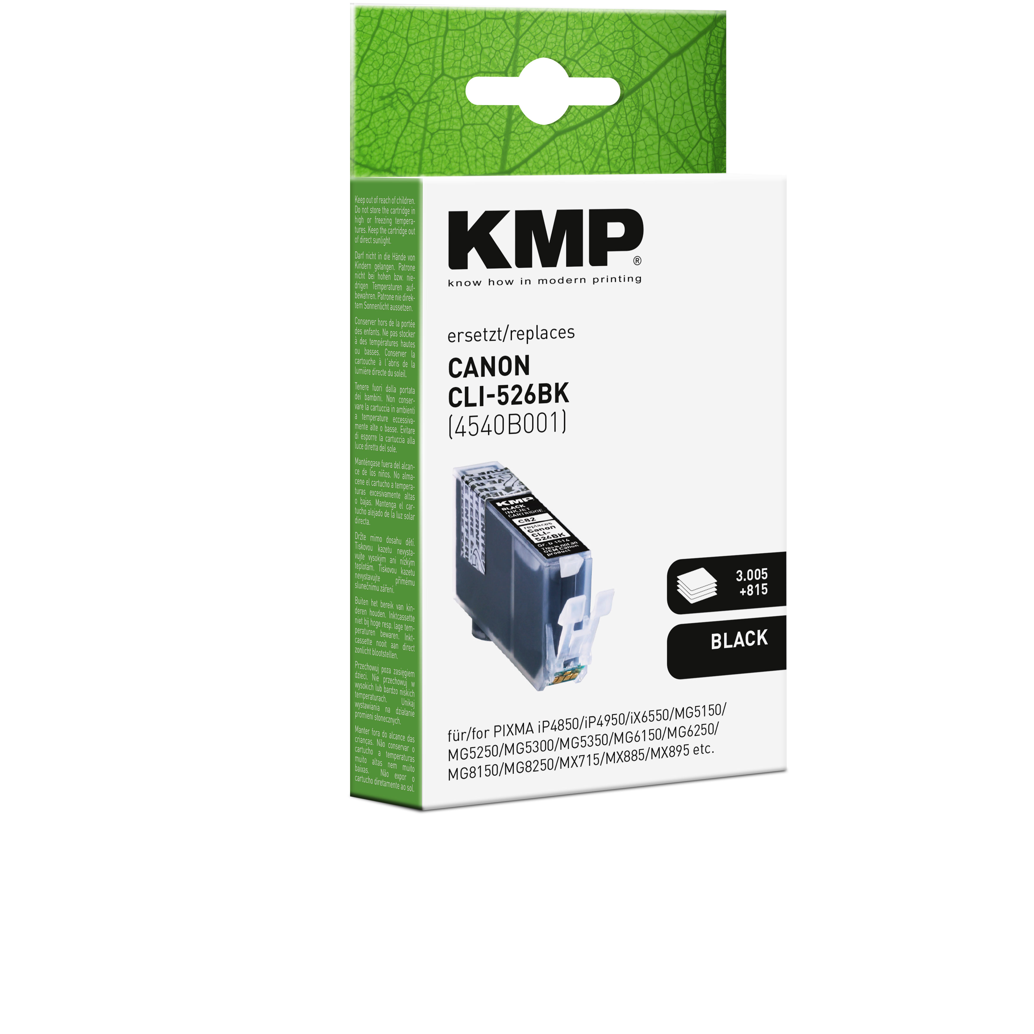 Cartuccia d'inchiostro nero KMP per Canon CLI-526BK, nella sua confezione originale.