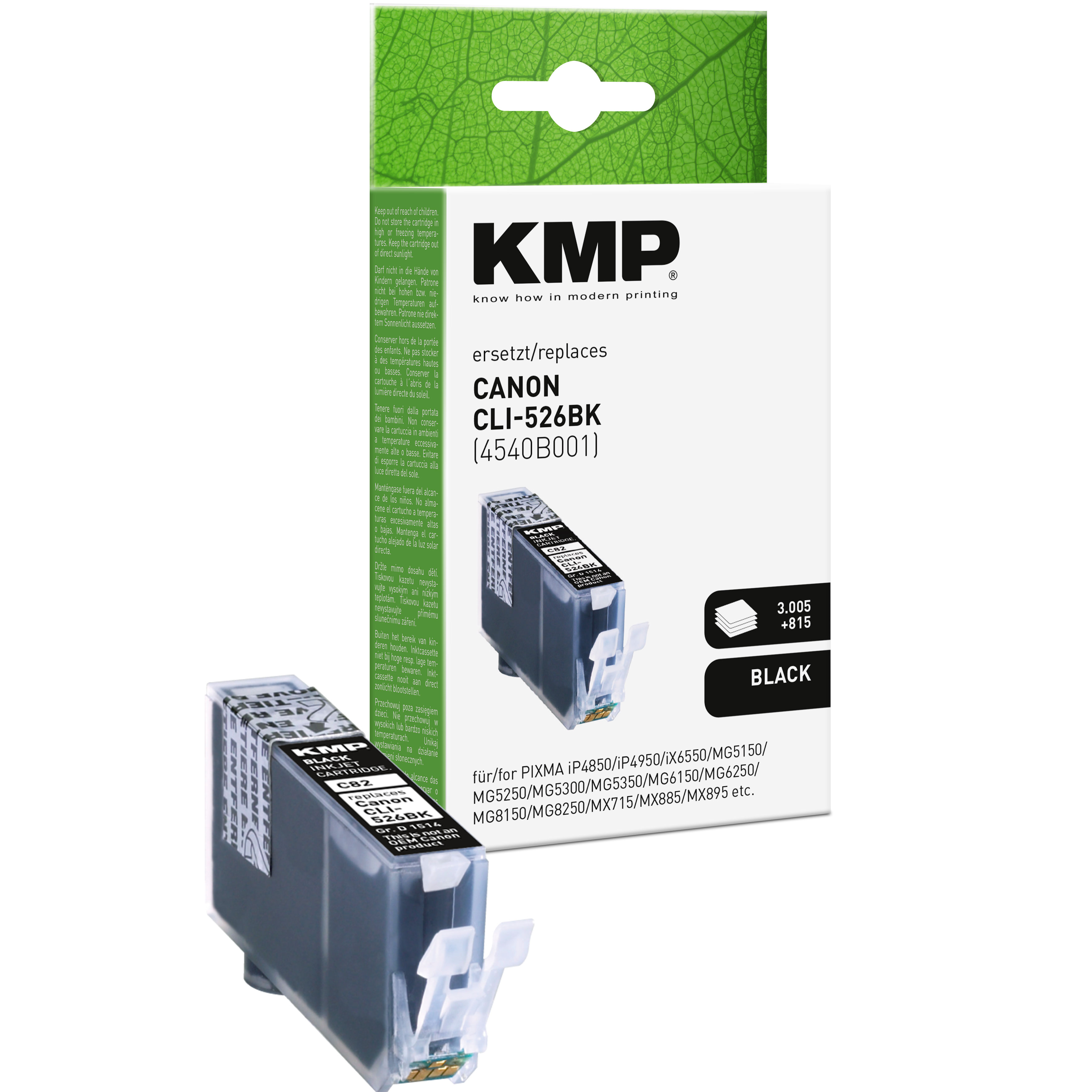 Cartuccia di inchiostro nero KMP per stampante Canon. Confezionata in una scatola con testo.