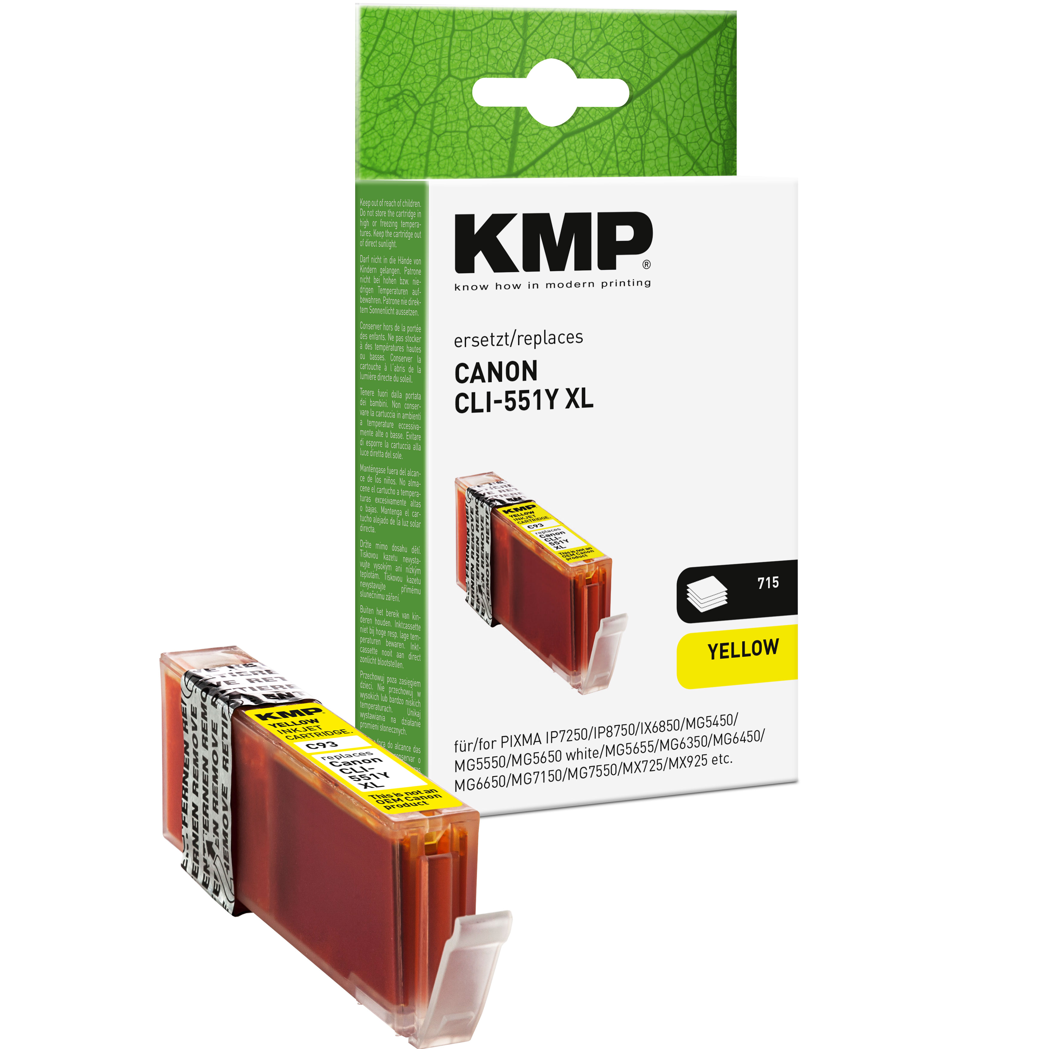 KMP gelbe Tintenpatrone für Canon CLI-551Y XL, in Originalverpackung.